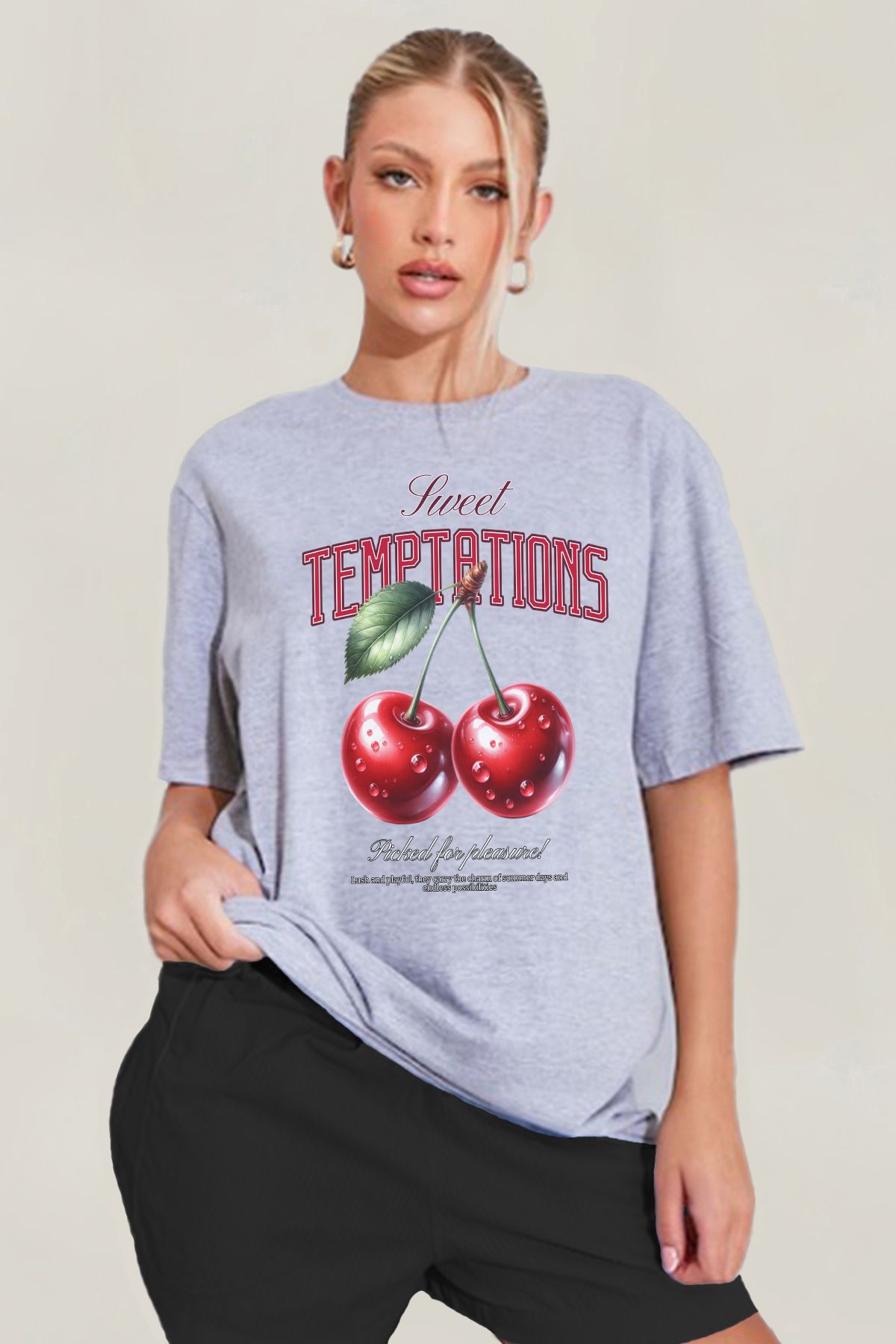 MODA Cherry Kiraz Vişne Baskılı Oversize Grimelanj Geniş Bol Kesim Kadın Tişört