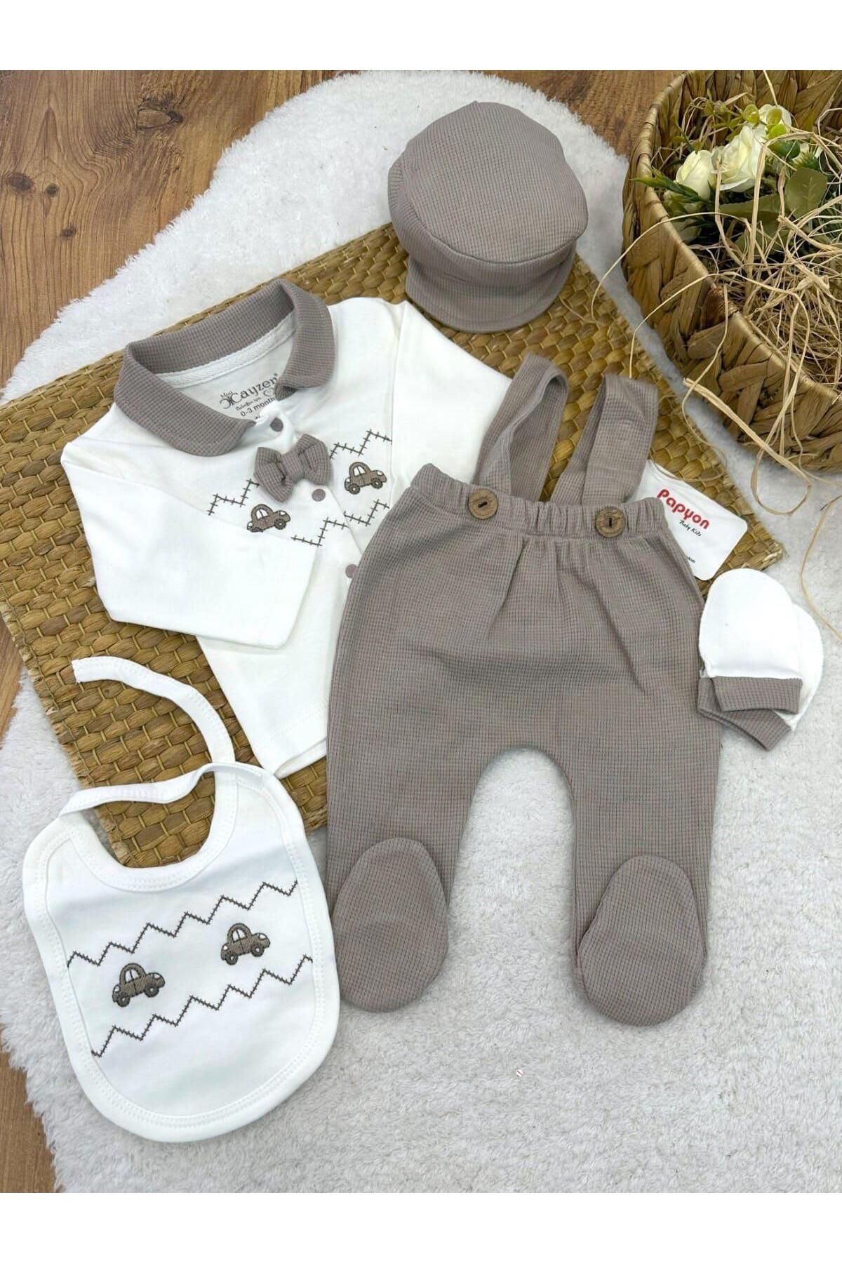 Papyon Baby Kids Araba Nakışlı Papyonlu Yenidoğan Erkek Bebek 5li Zıbın Set Hastane Çıkışı