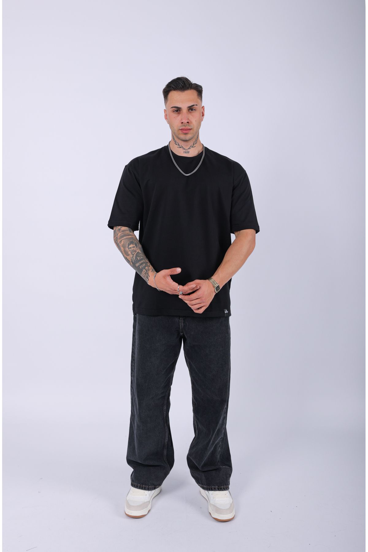 Lescho UNISEX %100 PAMUK OVERSIZE DÜZ T-SHIRT SİYAH