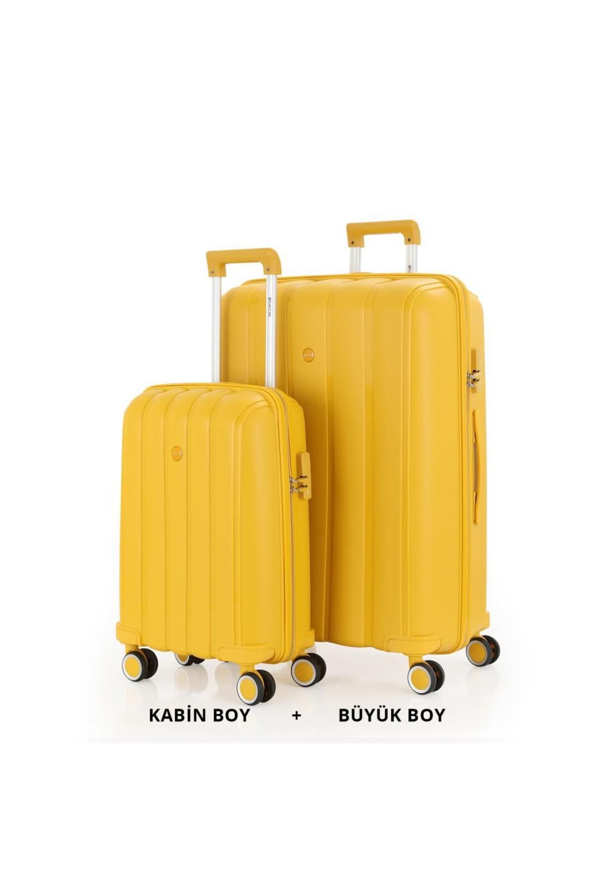 MÇS Bavul Büyük ve Kabin 2li Set Kırılmaz Silikon Valiz V305 Sarı