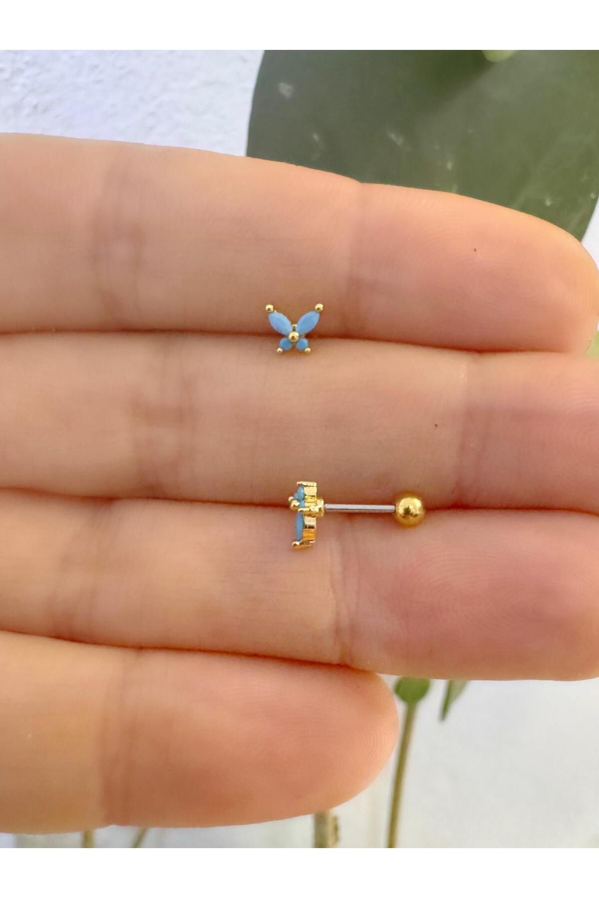Arescollection 1 ADET MAVİ ZİRKON TAŞLI KELEBEK TRAGUS HELİX KIKIRDAK LOBE UYUMLU PİERCİNG KÜPE