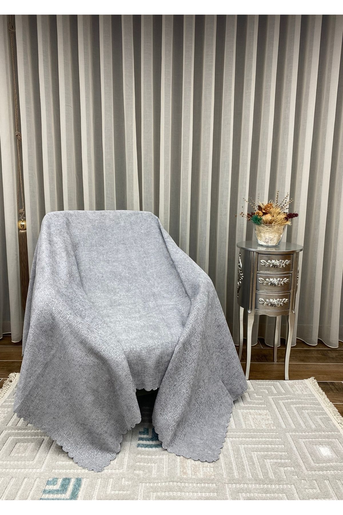 Sivalde Şönil Gri Modern Koltuk Örtüsü, Kaymaz Salon Çekyat/Kanepe Örtüsü