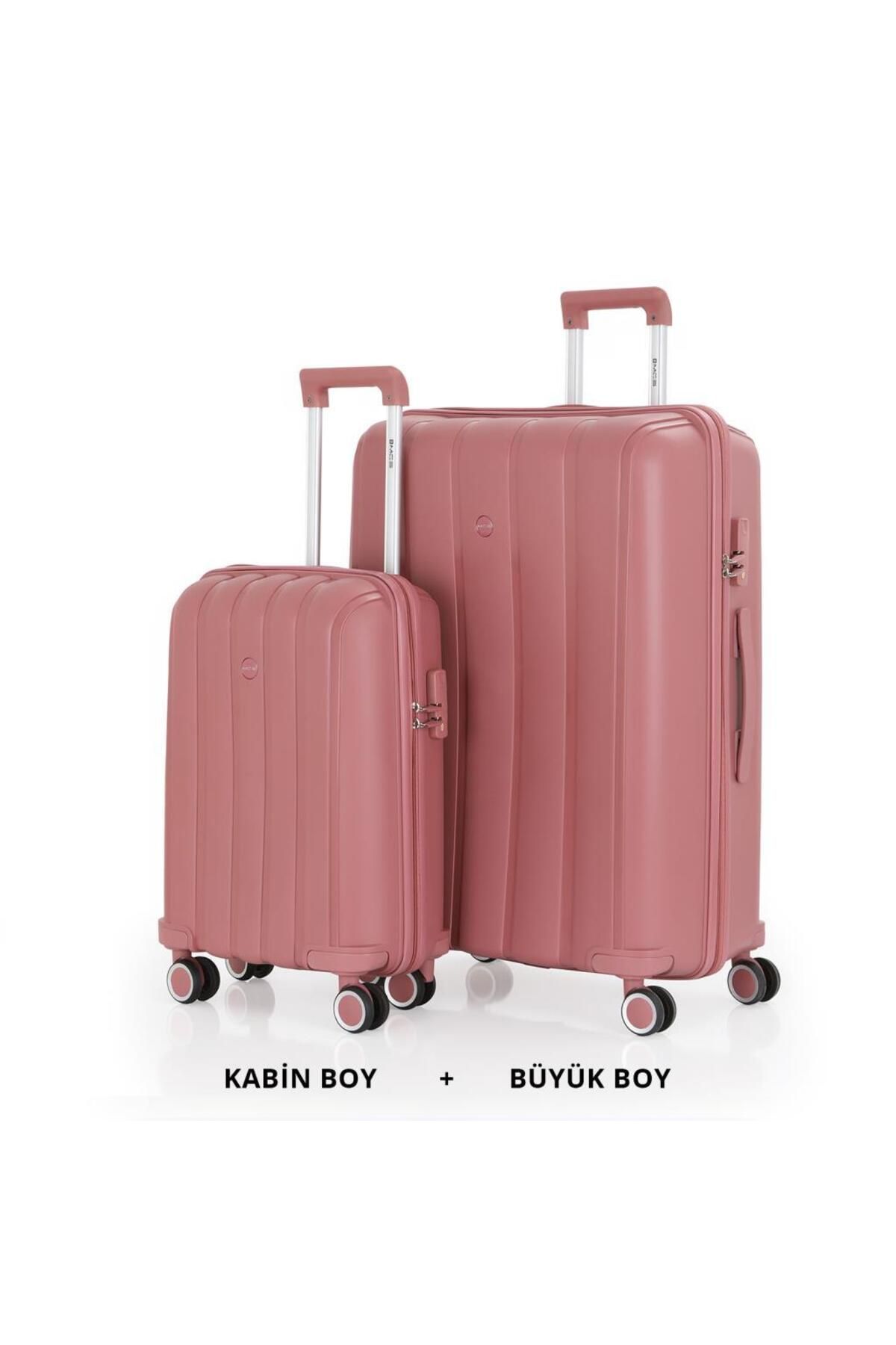 MÇS Bavul Büyük ve Kabin 2li Set Kırılmaz Silikon Valiz V305 KoyuPudra