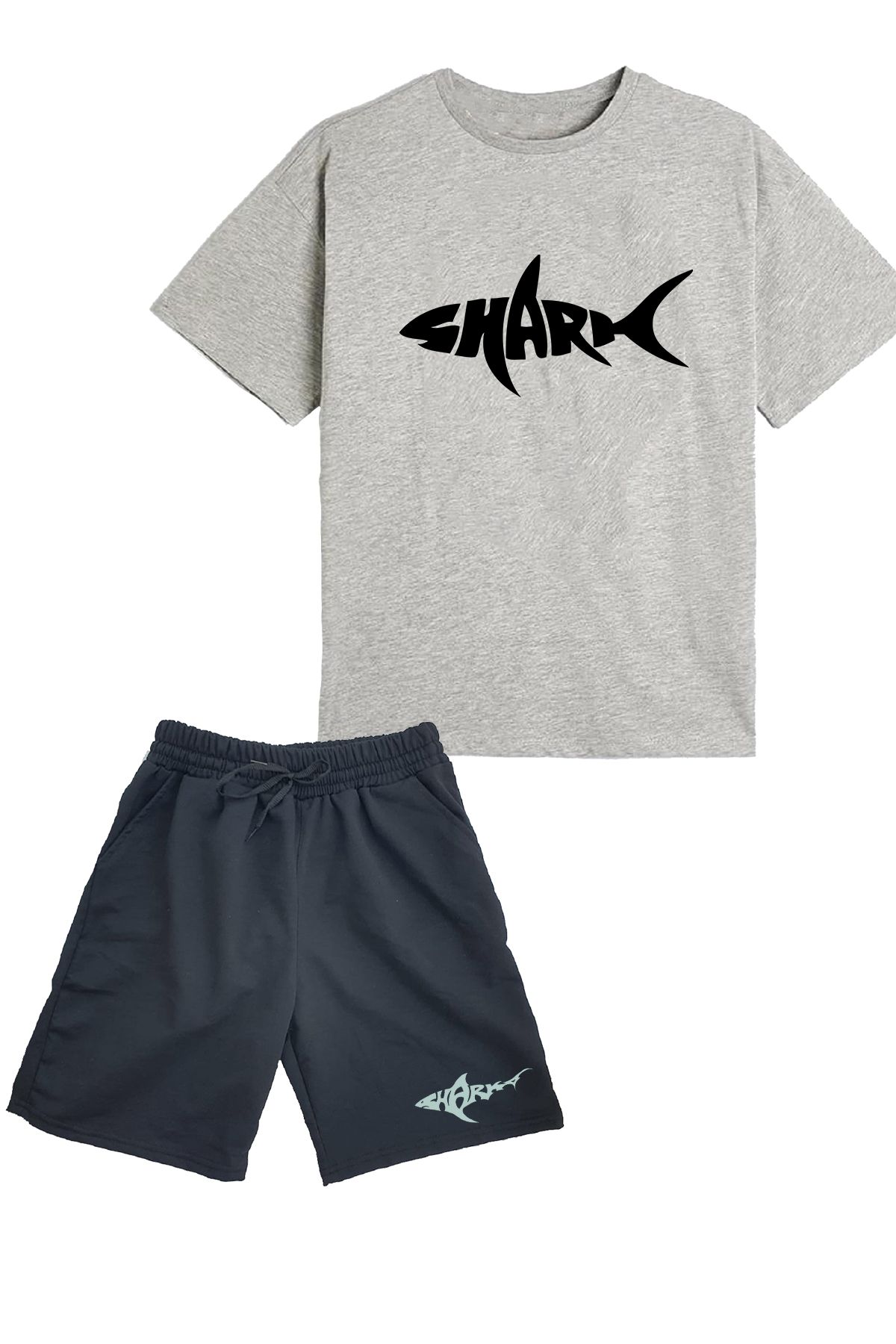 makiteks 2'li Set Baskılı Erkek Çocuk Pamuk Şort Tshirt Takım Shark 5 6 7 8 9 10 11 12 13 14 yaş Tişört