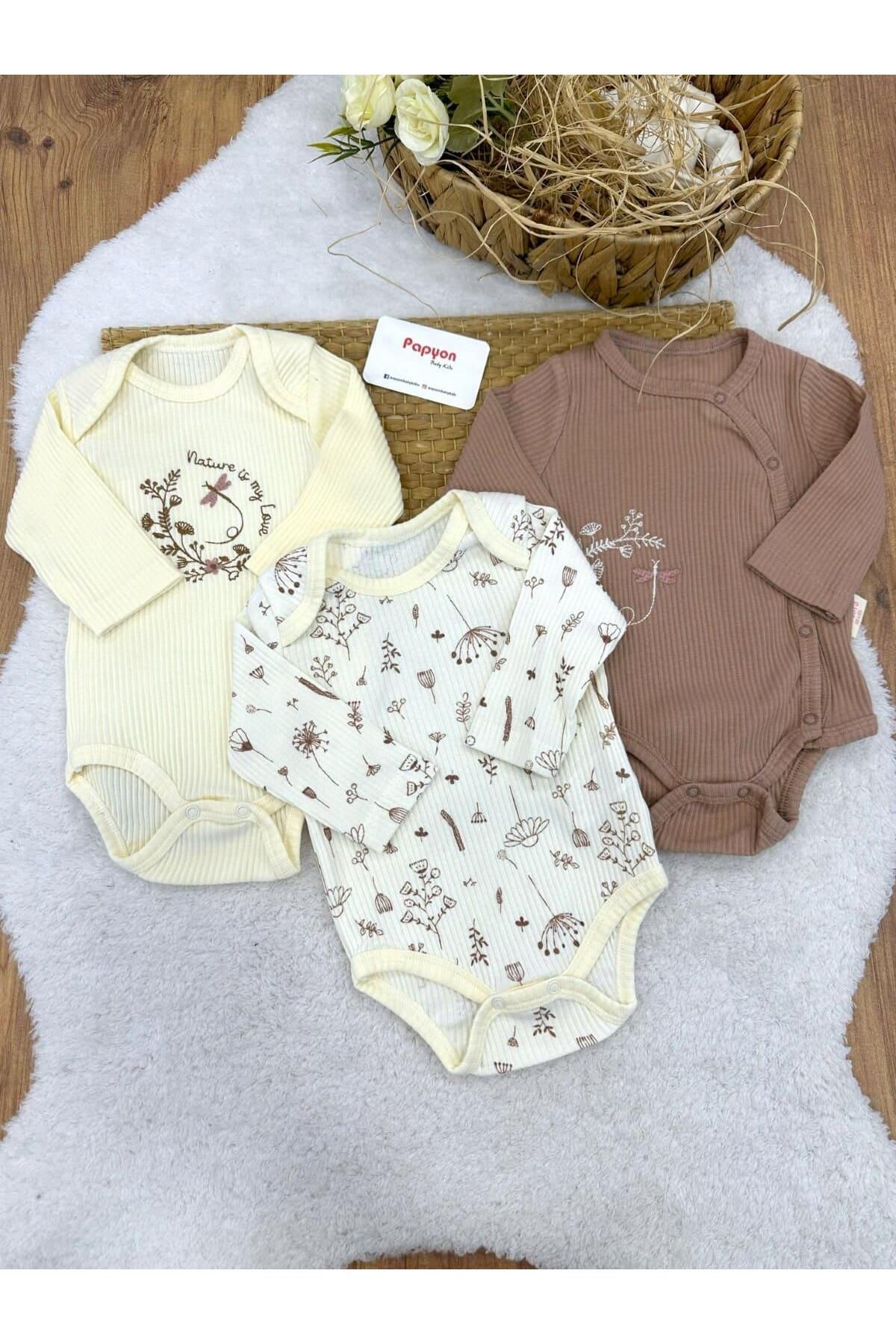 Papyon Baby Kids Kieta Çiçekli Fitilli Kız Bebek Uzun Kollu 3lü Çıtçıtlı Badi (0-3/3-6/6-9 Ay)