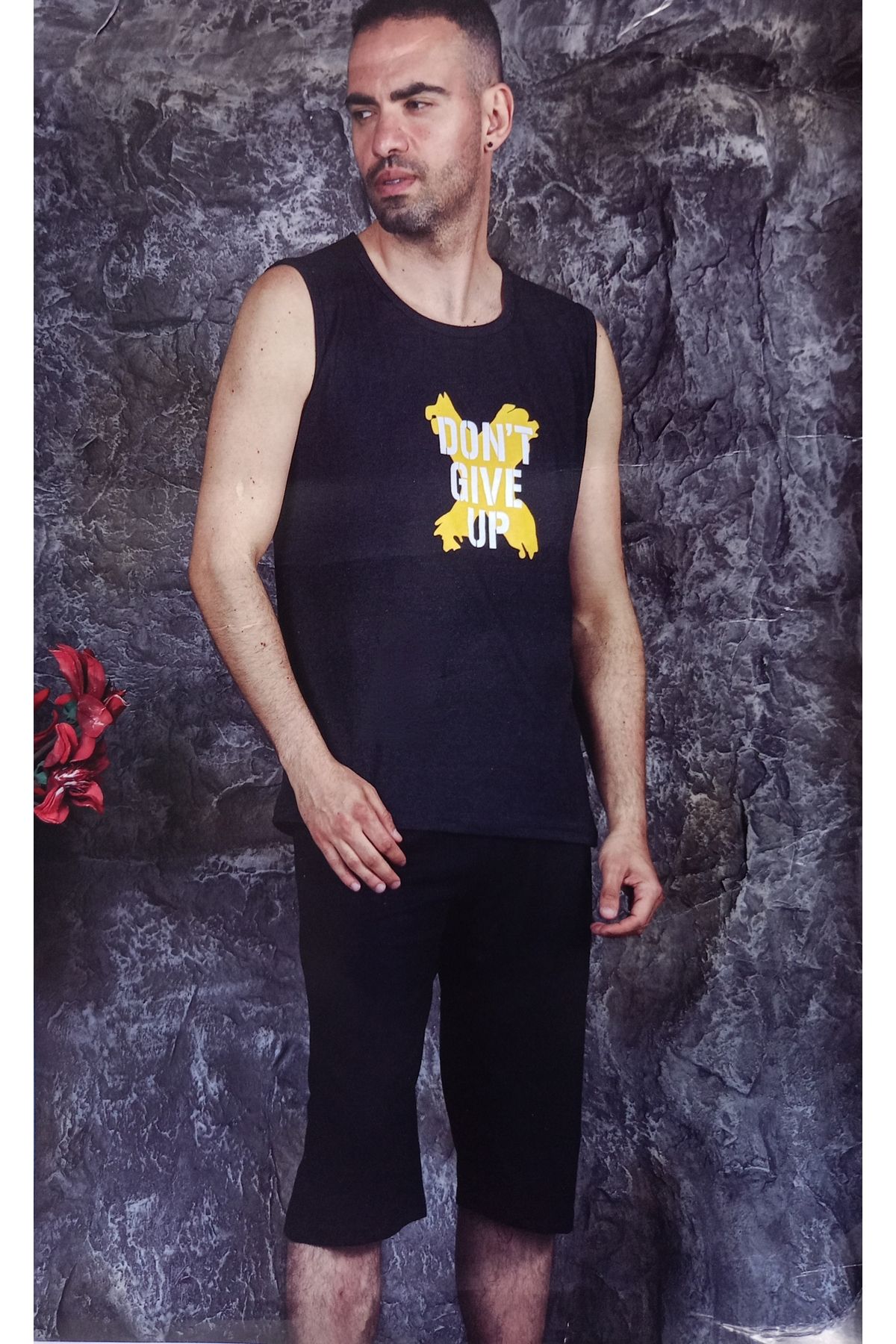 Ercan Erkek Siyah Sıfır Kol Kaprili Penye Pijama Takımı