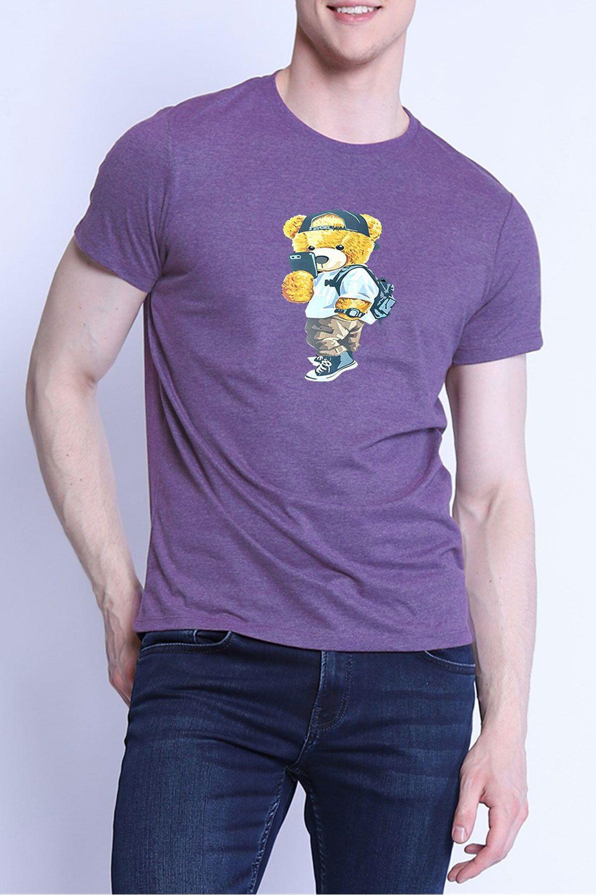 Tarzsokak Unisex Peluş Ayı Baskılı Bisiklet Yaka