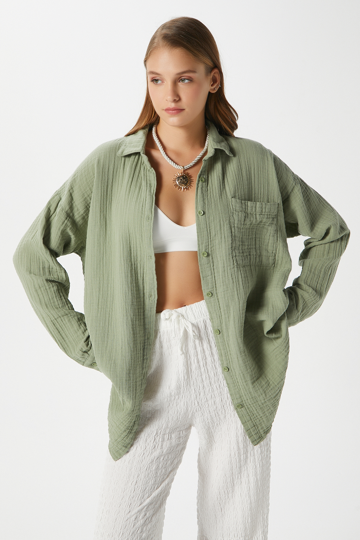 Ritnice  Kadın Tilda %100 Pamuk Müslin Oversize Haki Gömlek - Görsel 6