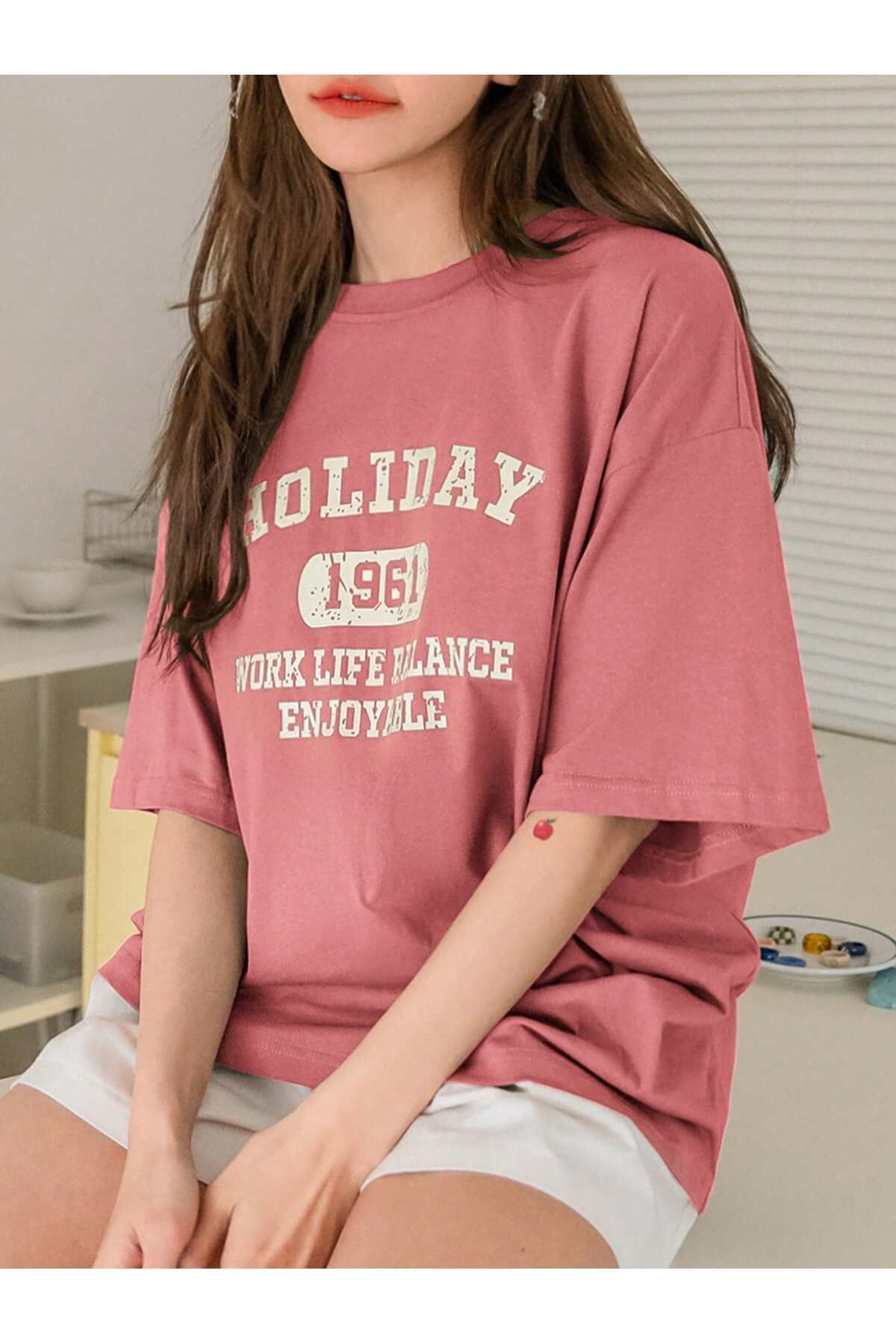 Tarzsokak Unisex Kadın/Erkek HOLİDAY Renkli Özel Baskılı Oversize Pamuk Bisiklet Yaka Penye