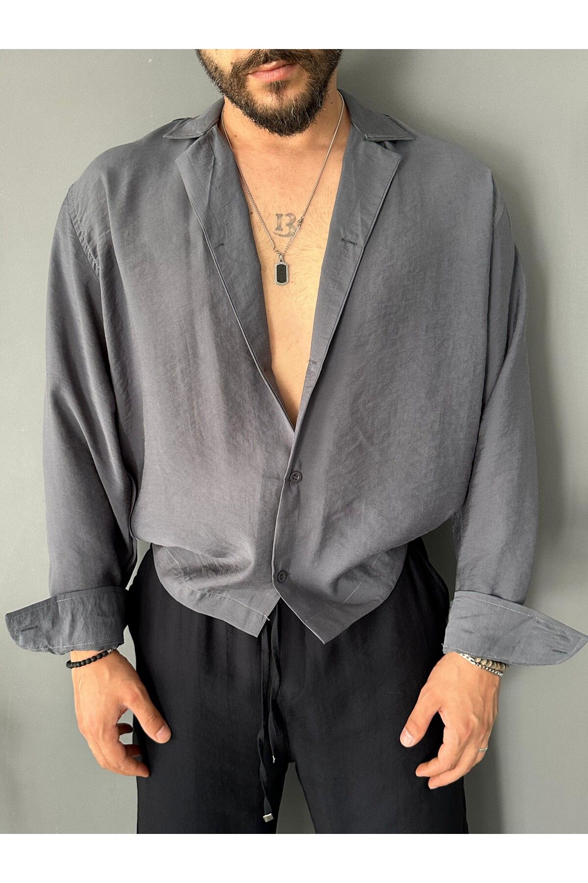 THEMANN Apaş Yakalı Modal Kumaş Antrasit Oversize Gömlek
