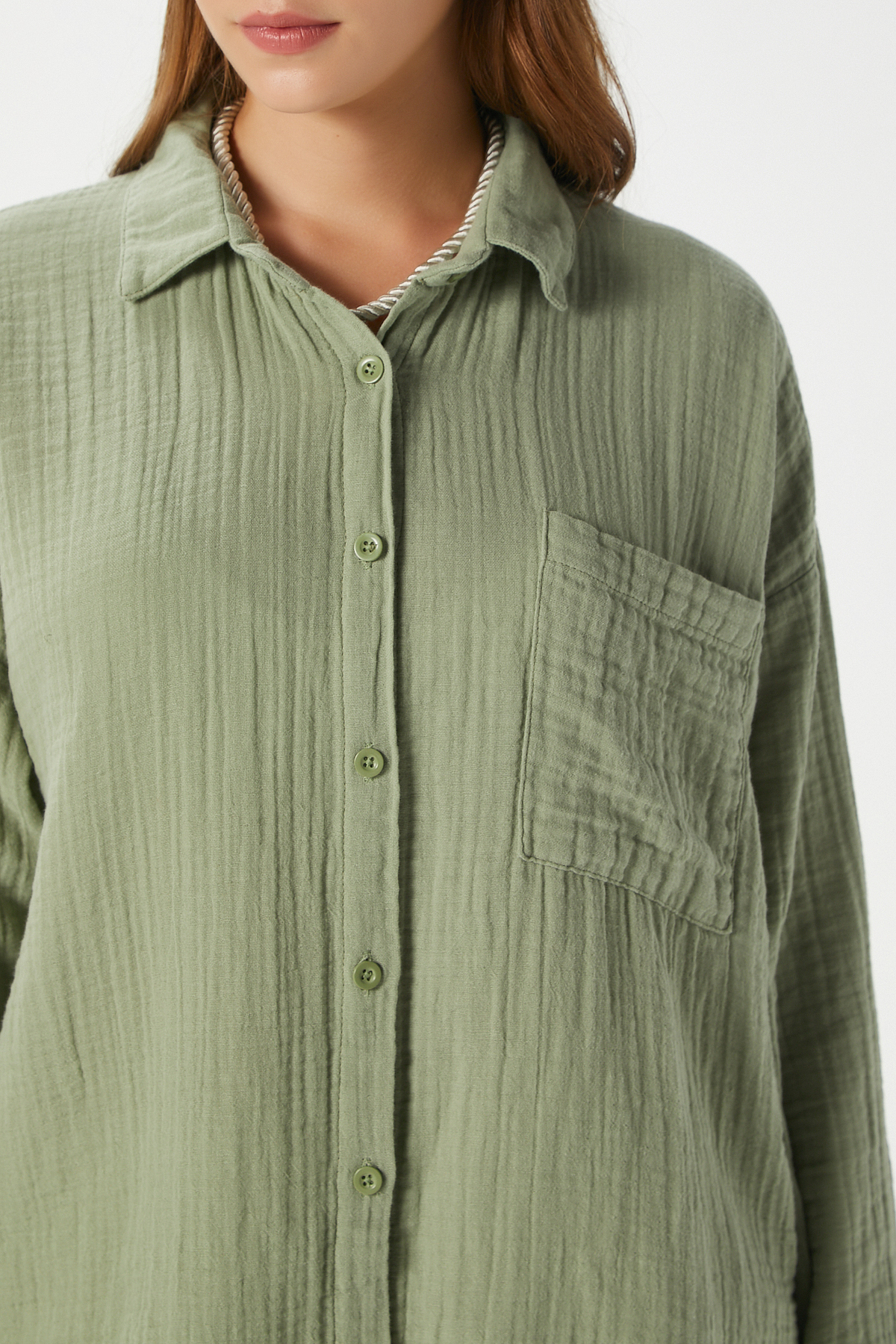 Ritnice  Kadın Tilda %100 Pamuk Müslin Oversize Haki Gömlek - Görsel 7