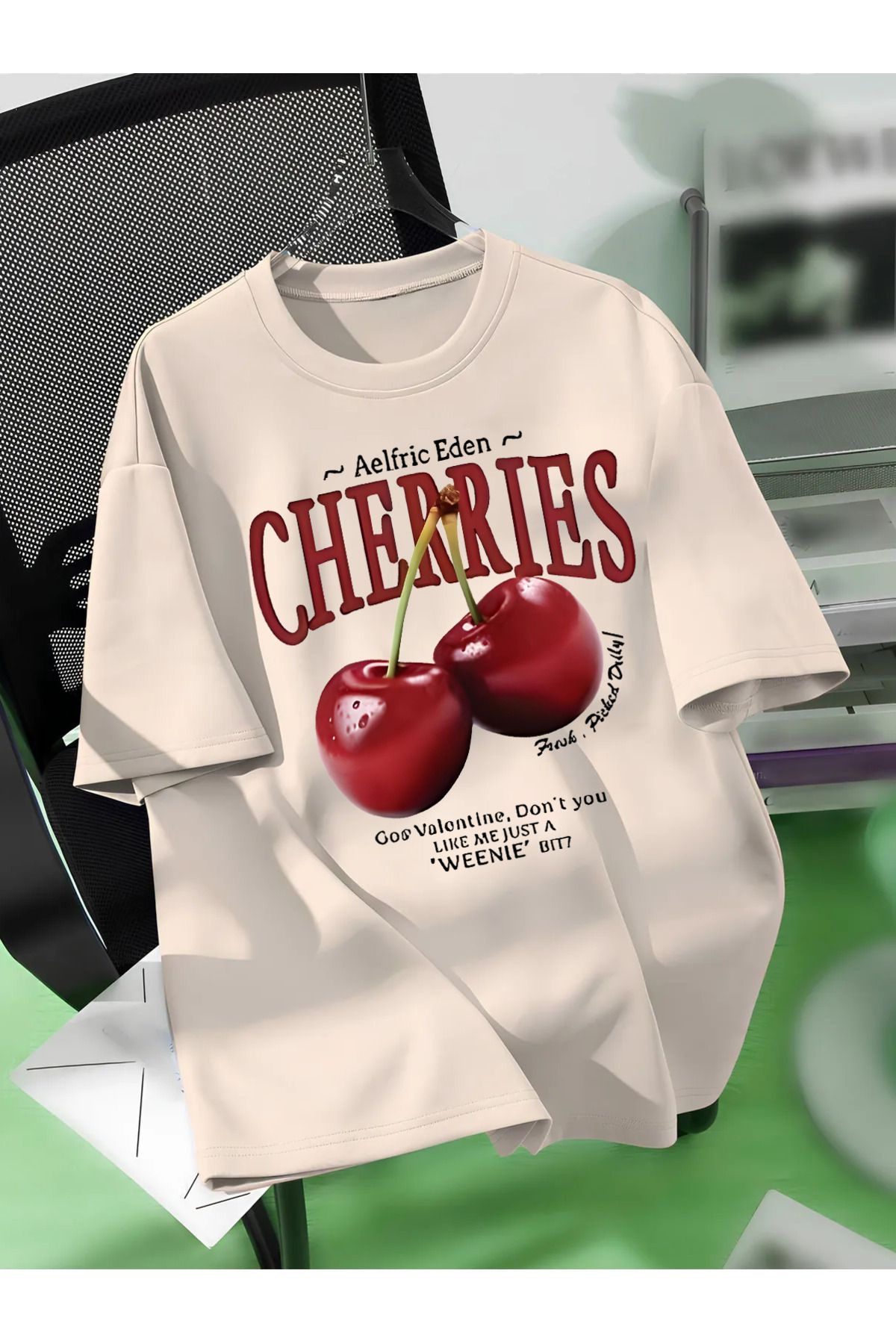 Tarzsokak Unisex Erkek/Kadın CHERRIES Özel Baskılı Oversize Pamuklu Bisiklet Yaka