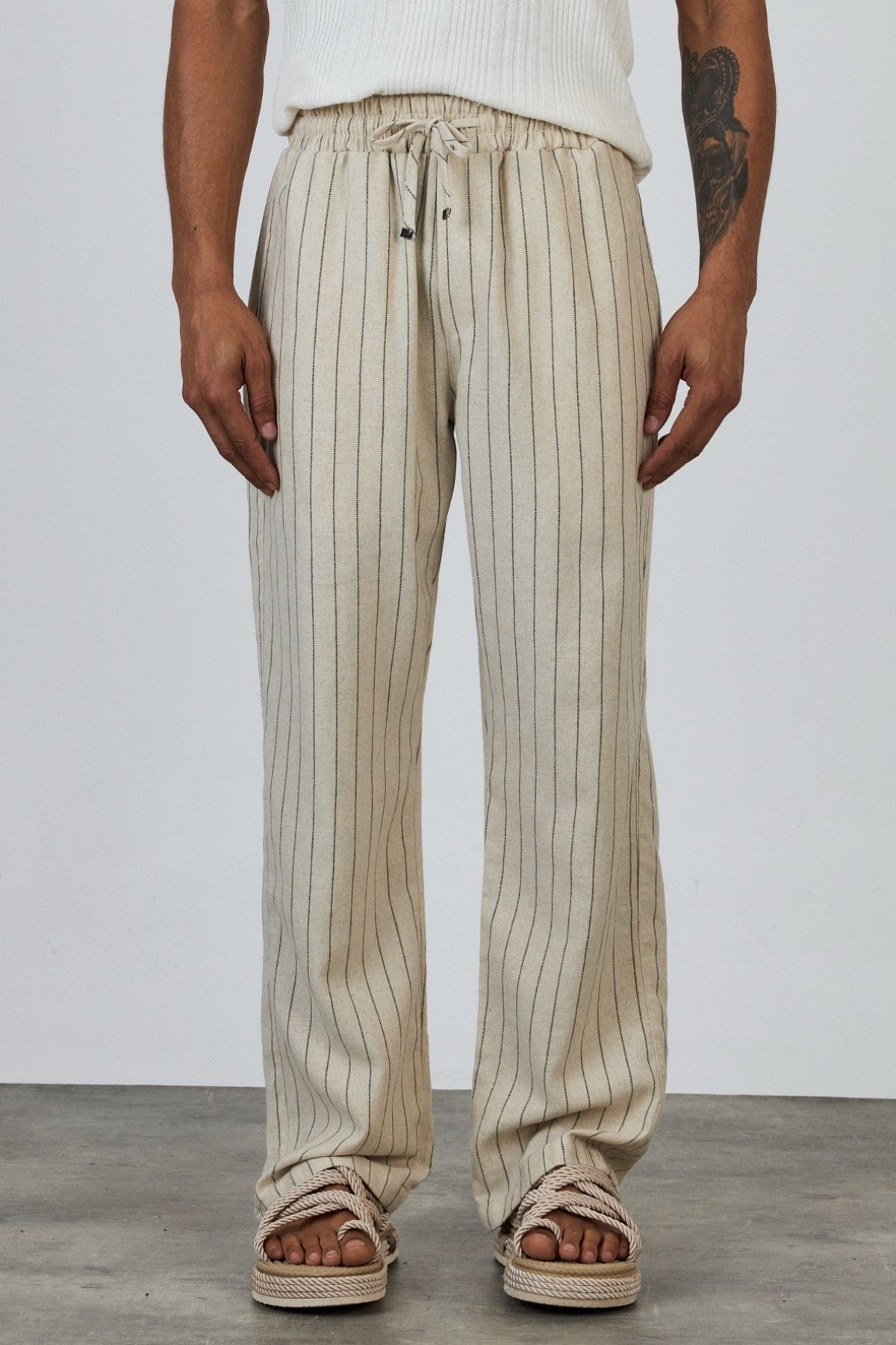 MADZEYMODA Premium Baggy Kalıp 100% Pamuk Beli Lastikli Siyah Çizgili Ekru Dokuma Pantolon LS-23105