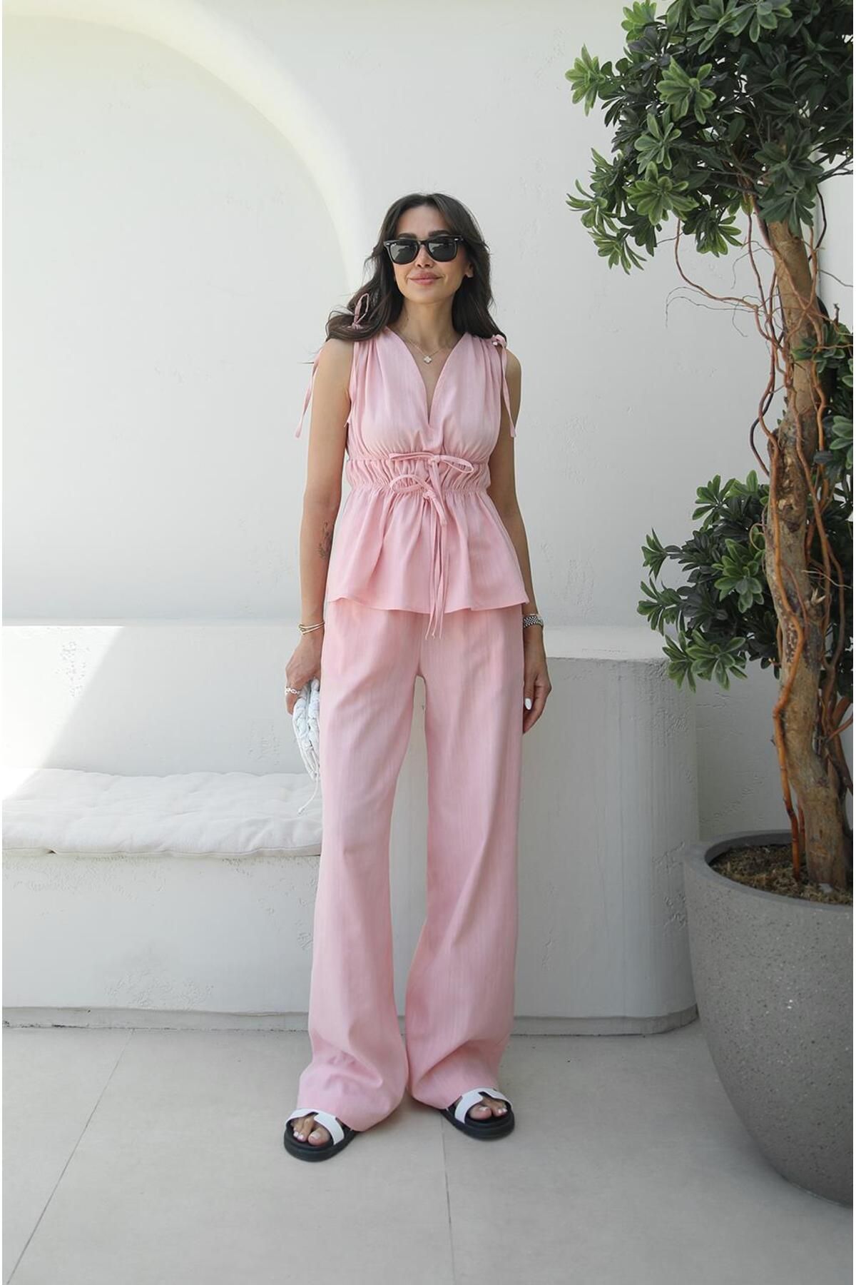 Havoş Pembe Lastik Detaylı Bluz Pantolon Takım