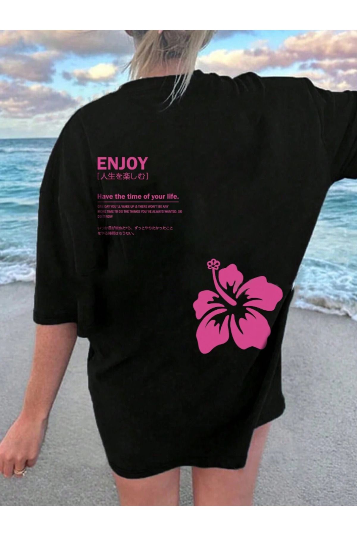 Tarzsokak Unisex Erkek/Kadın ENJOY Renkli Özel Baskılı Oversize Pamuklu Bisiklet Yaka T-Shirt