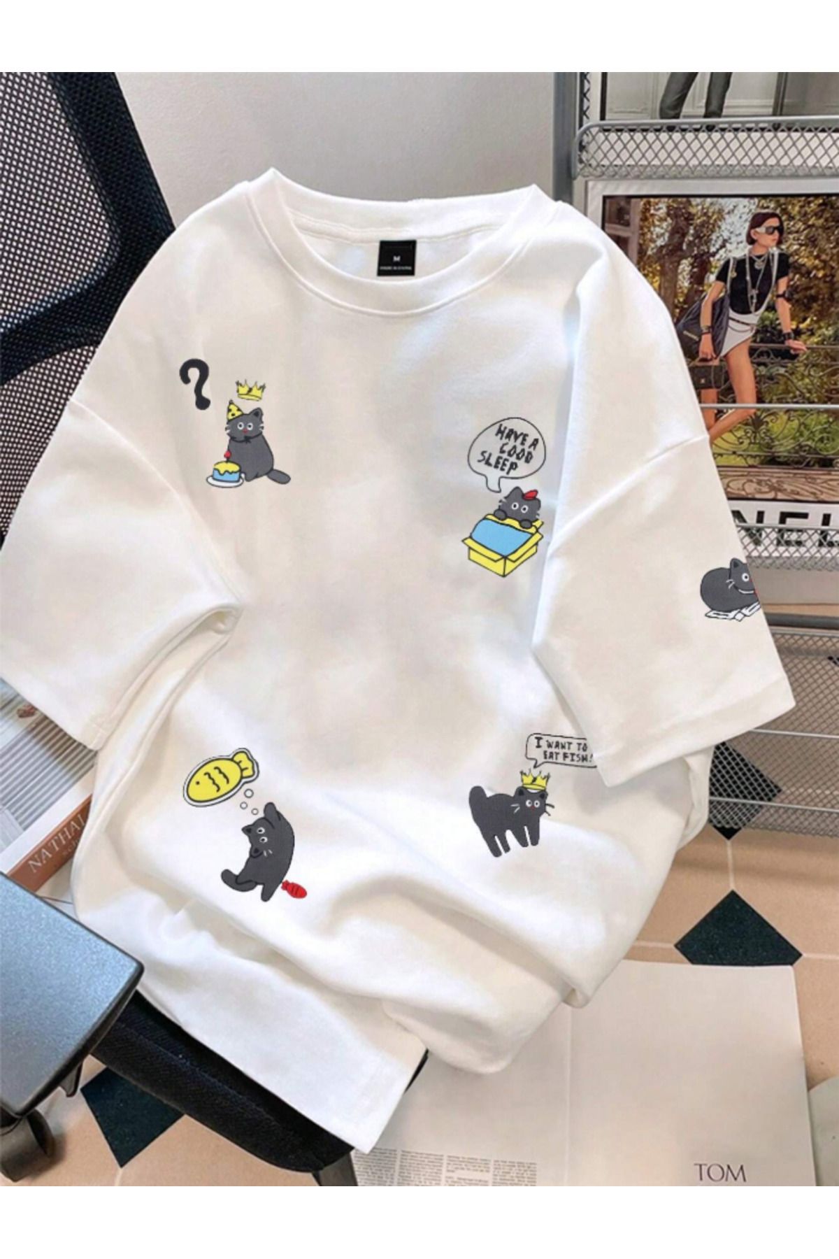 Tarzsokak Unisex Erkek/kadın Meow Özel Baskılı Oversize Pamuklu Bisiklet Yaka