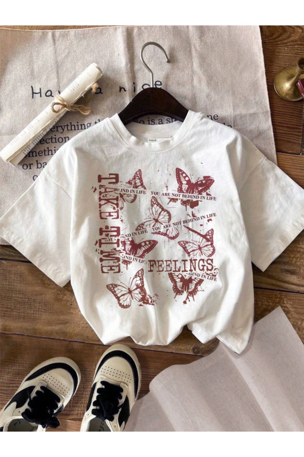 Tarzsokak Unisex Erkek/Kadın TAKE TIME Özel Baskılı Oversize Pamuklu Bisiklet Yaka