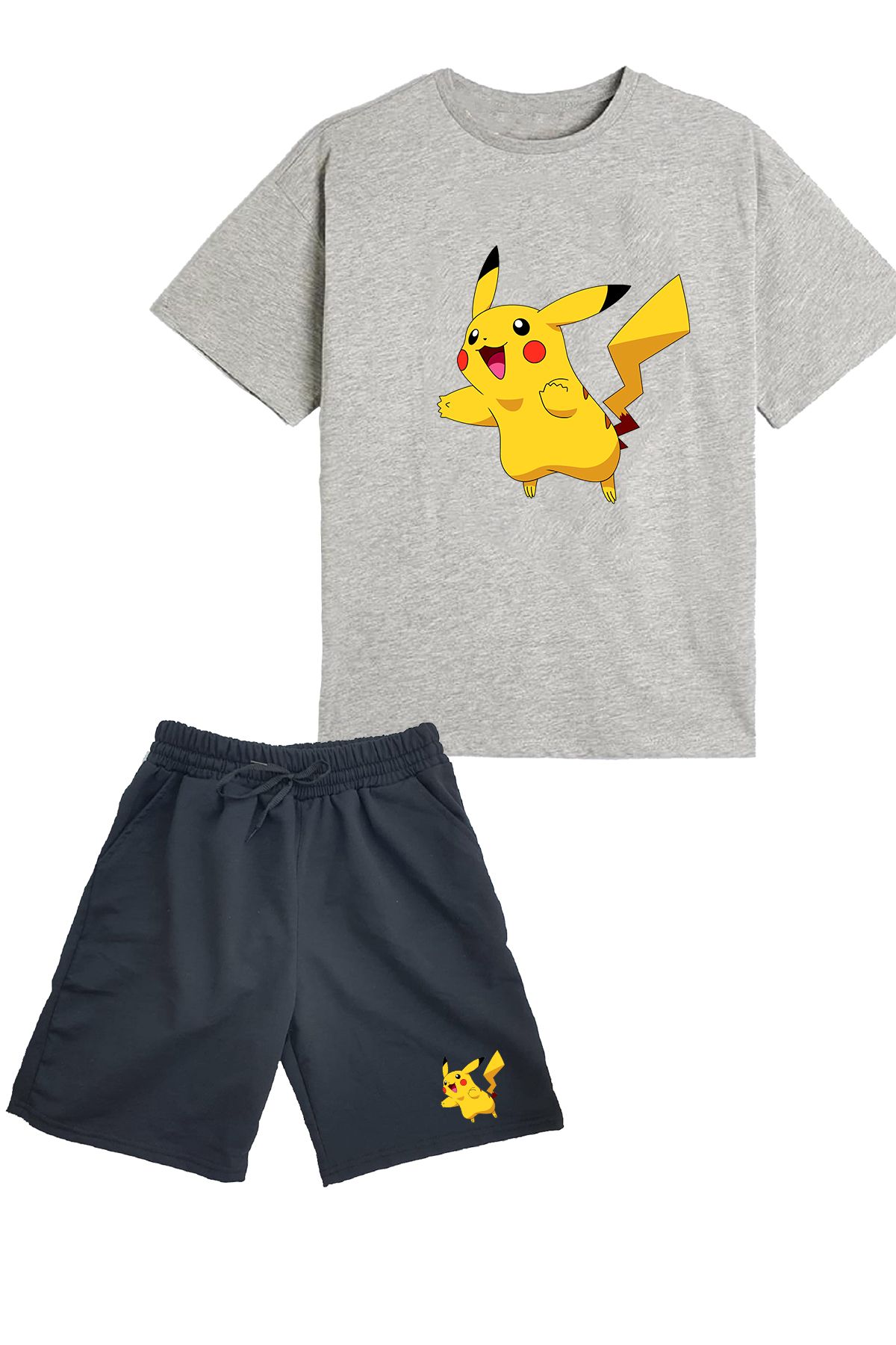 makiteks 2'li Set Baskılı Erkek Çocuk Pamuk Şort Tshirt Takım Pikachu 5 6 7 8 9 10 11 12 13 14 yaş Tişört