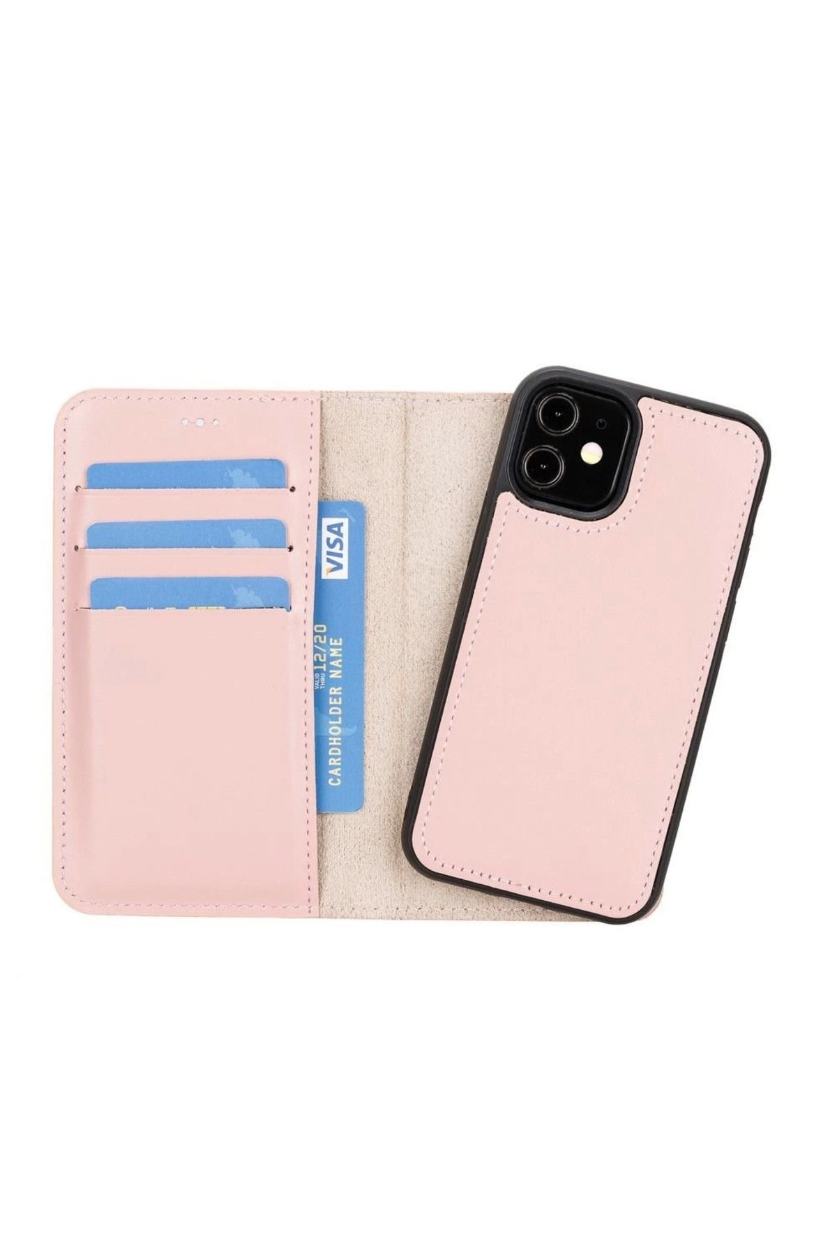 feifei Apple iPhone 12 mini Uyumlu Deri Cüzdanlı Kılıf NU2 Pembe