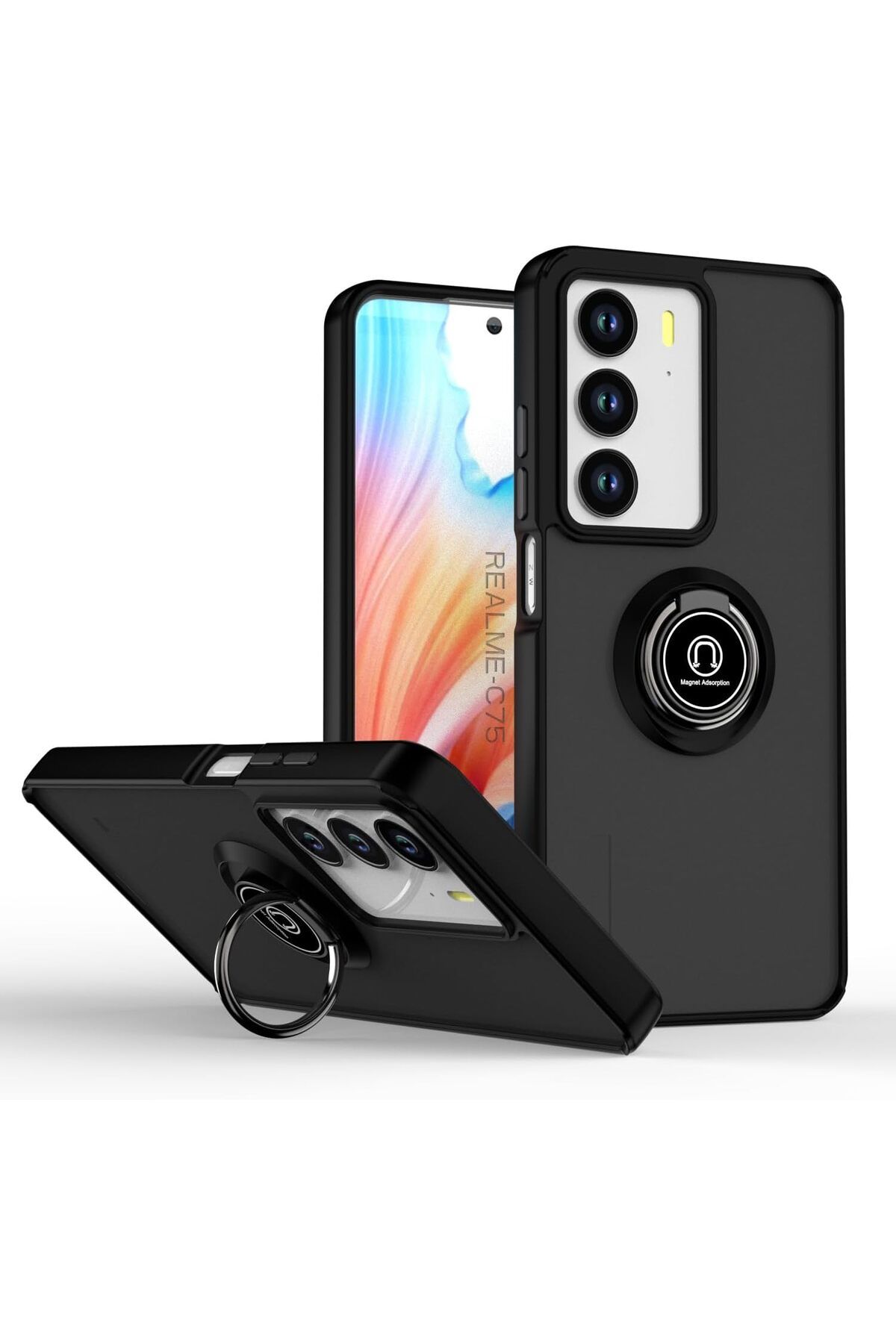 Rivor Realme C75 4G Uyumlu Kılıf Kamera Korumalı Standlı Buzlu Kenarları Renkli Yüzüklü Silikon Kapak