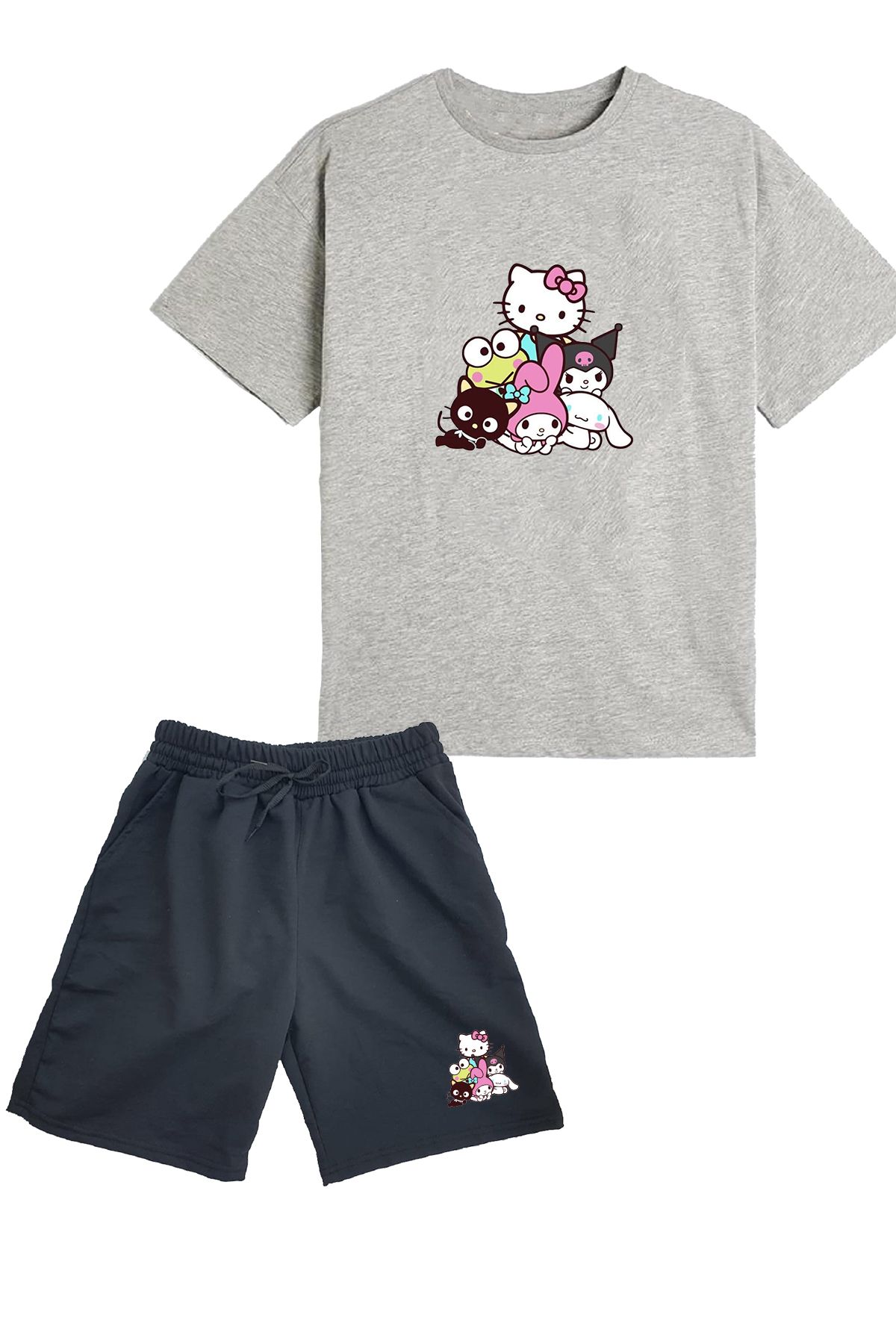makiteks 2'li Set Baskılı Kız Çocuk Pamuk Şort Tshirt Takım Kuromi HKitty 5 6 7 8 9 10 11 12 13 14 yaş Tişört
