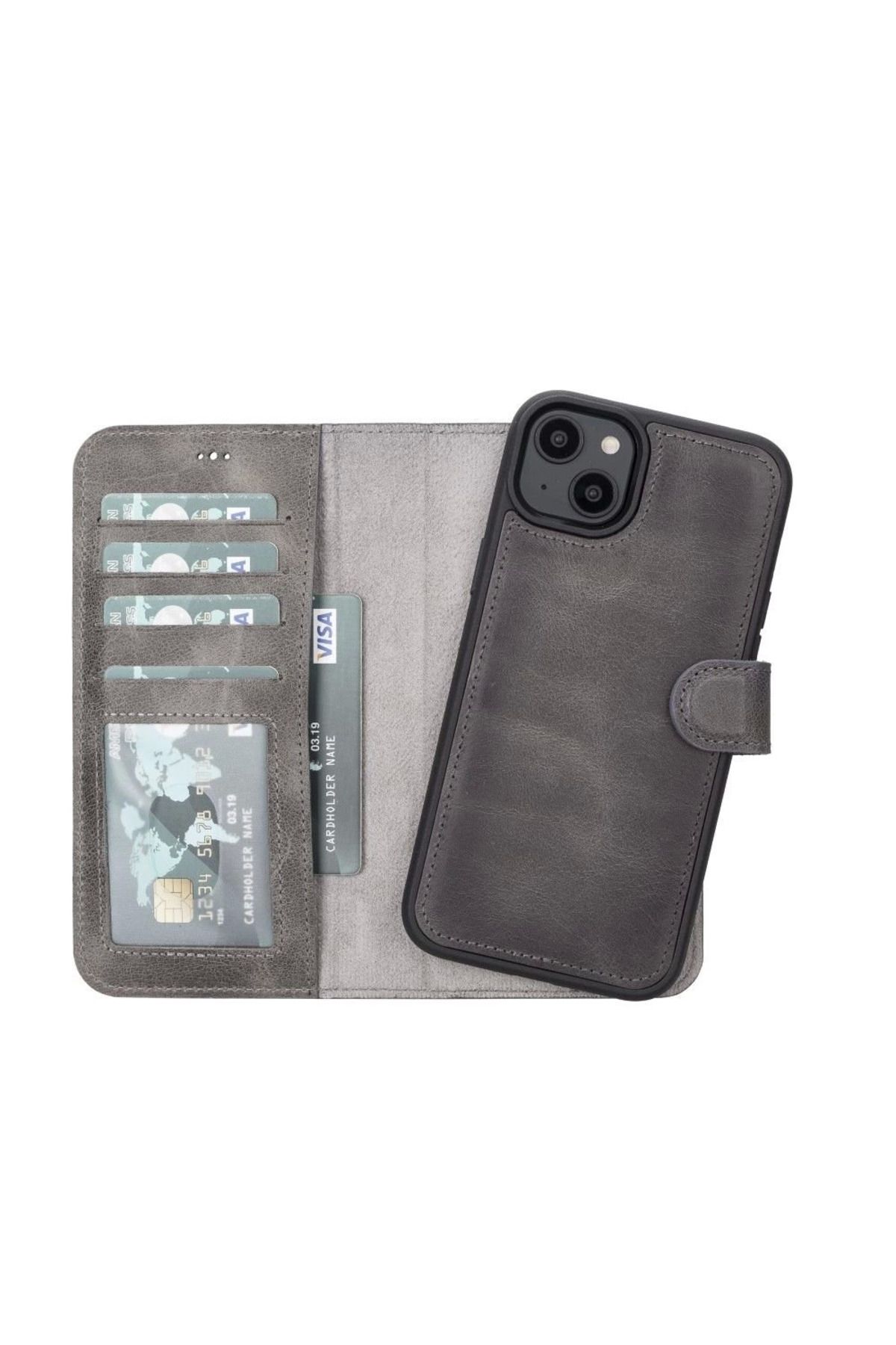 Angoravi Apple iPhone 14 Plus Uyumlu Deri Cüzdanlı Kılıf MWWN VS4EF Gri