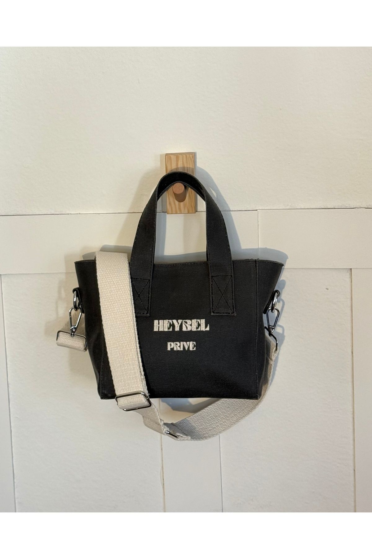 heybelprive HEYBEL Premium Mini Mumlu Siyah Kanvas Çanta, Küçük Çapraz Siyah Tote Bag