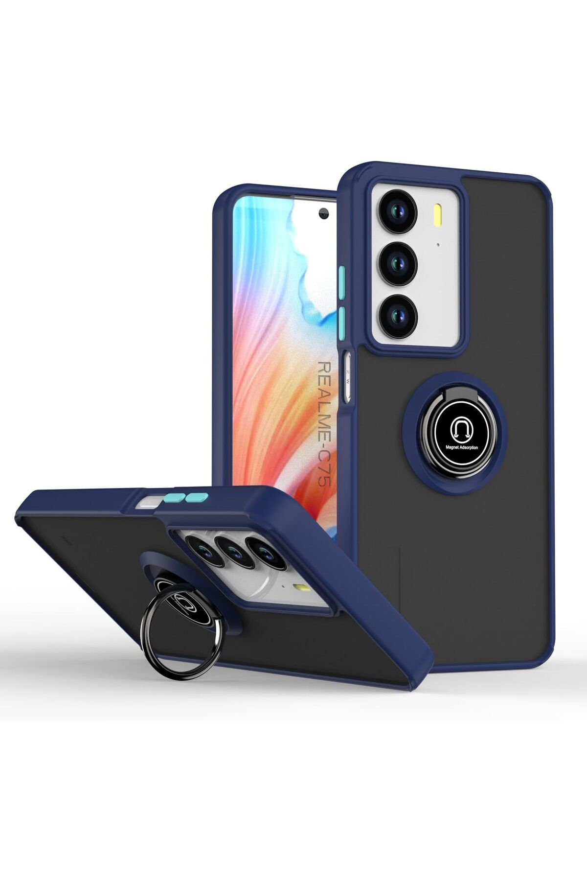 Rivor Realme C75 4G Uyumlu Kılıf Kamera Korumalı Standlı Buzlu Kenarları Renkli Yüzüklü Silikon Kapak