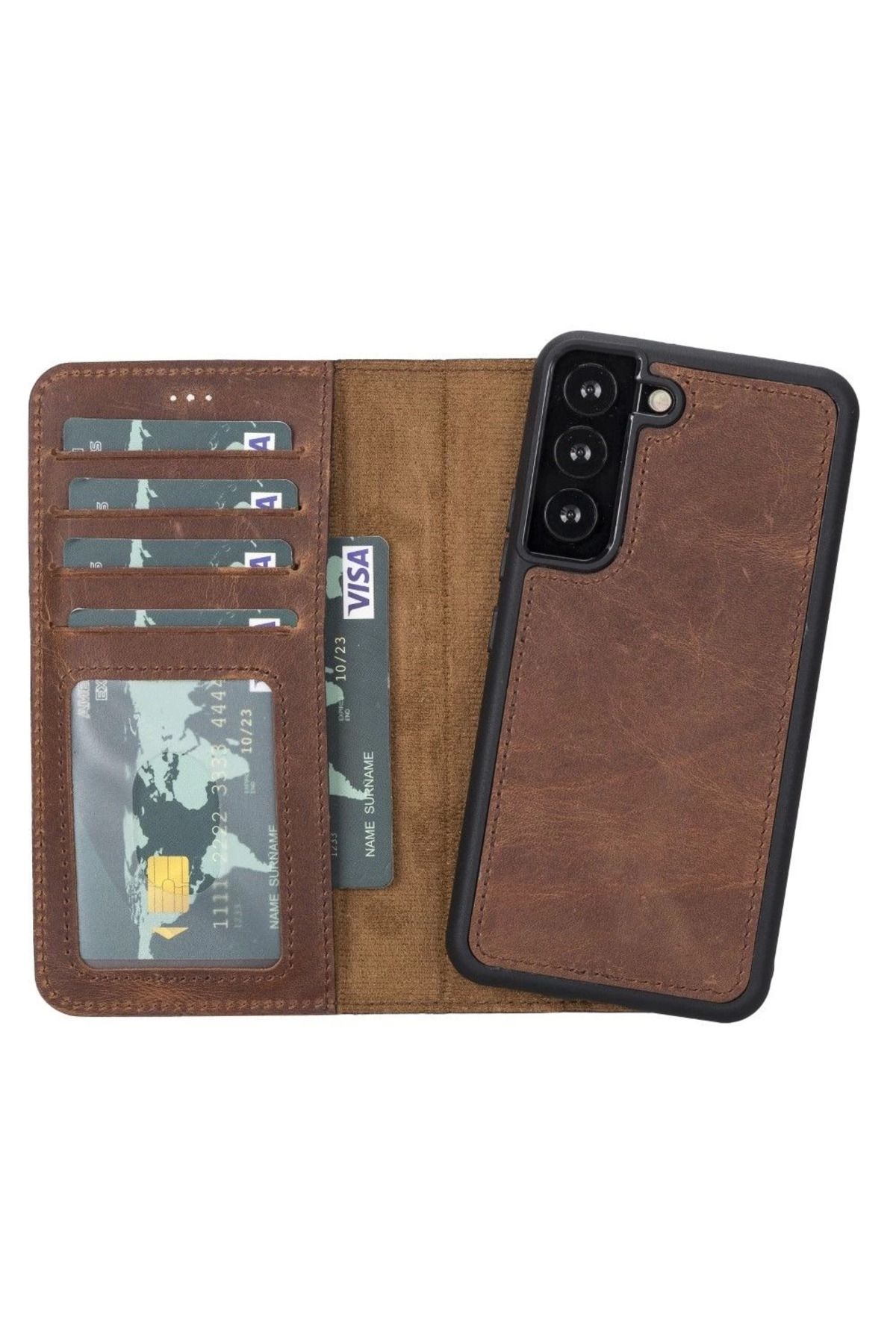 ÖYKÜ VE YİĞİT Galaxy S22 Uyumlu Deri Cüzdanlı Kılıf MWWN G2 Kahve