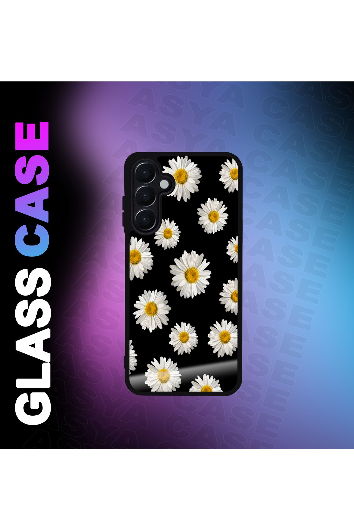 Asya Case Samsung Galaxy A35 5G Kılıf Papatya Baskılı Telefon Kapağı Siyah Silikon Arka Kapak Koruyucu