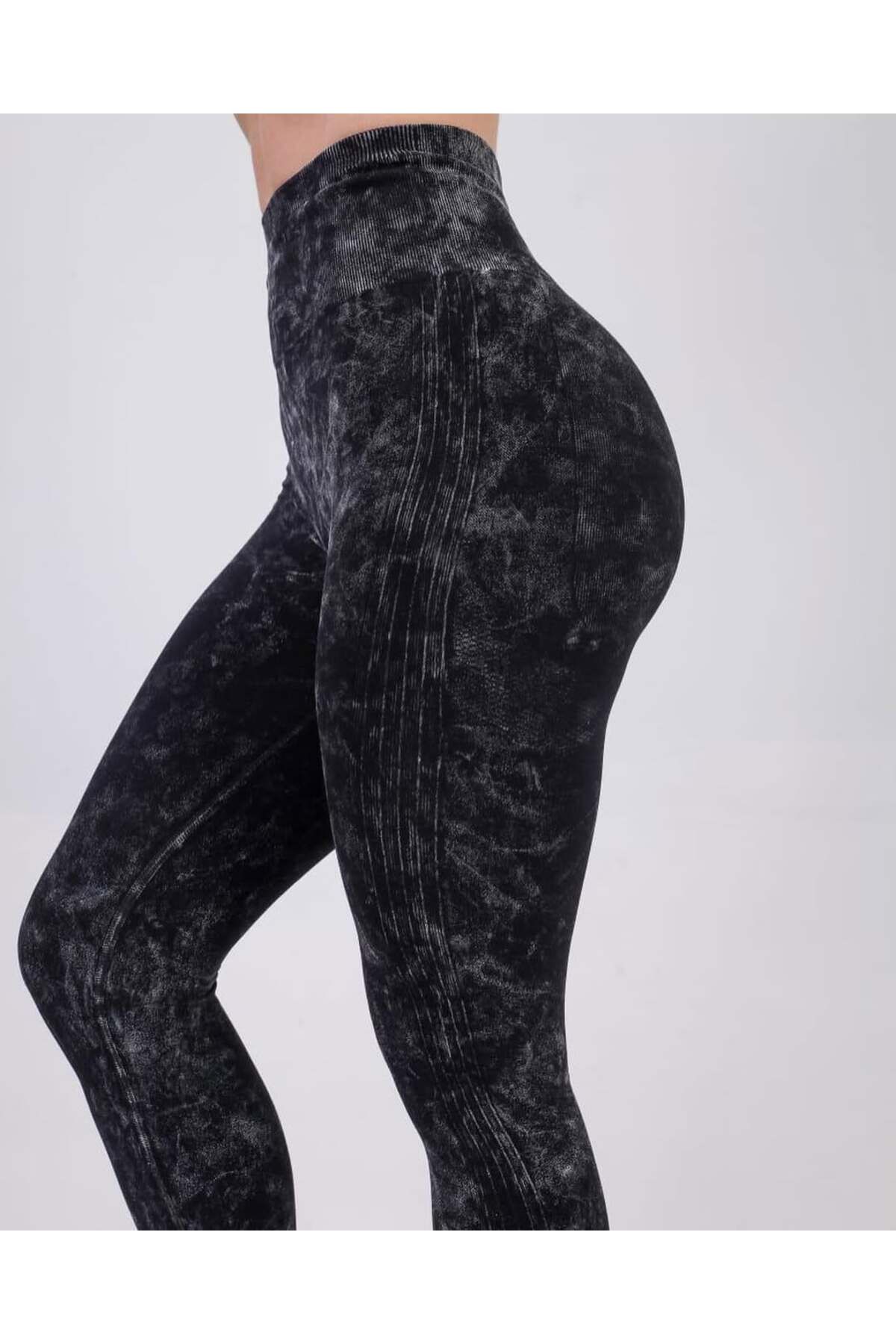 MODA STRIVEX Seamless Siyah Asit Yıkama Push Up Büzgülü Örme Spor Tayt