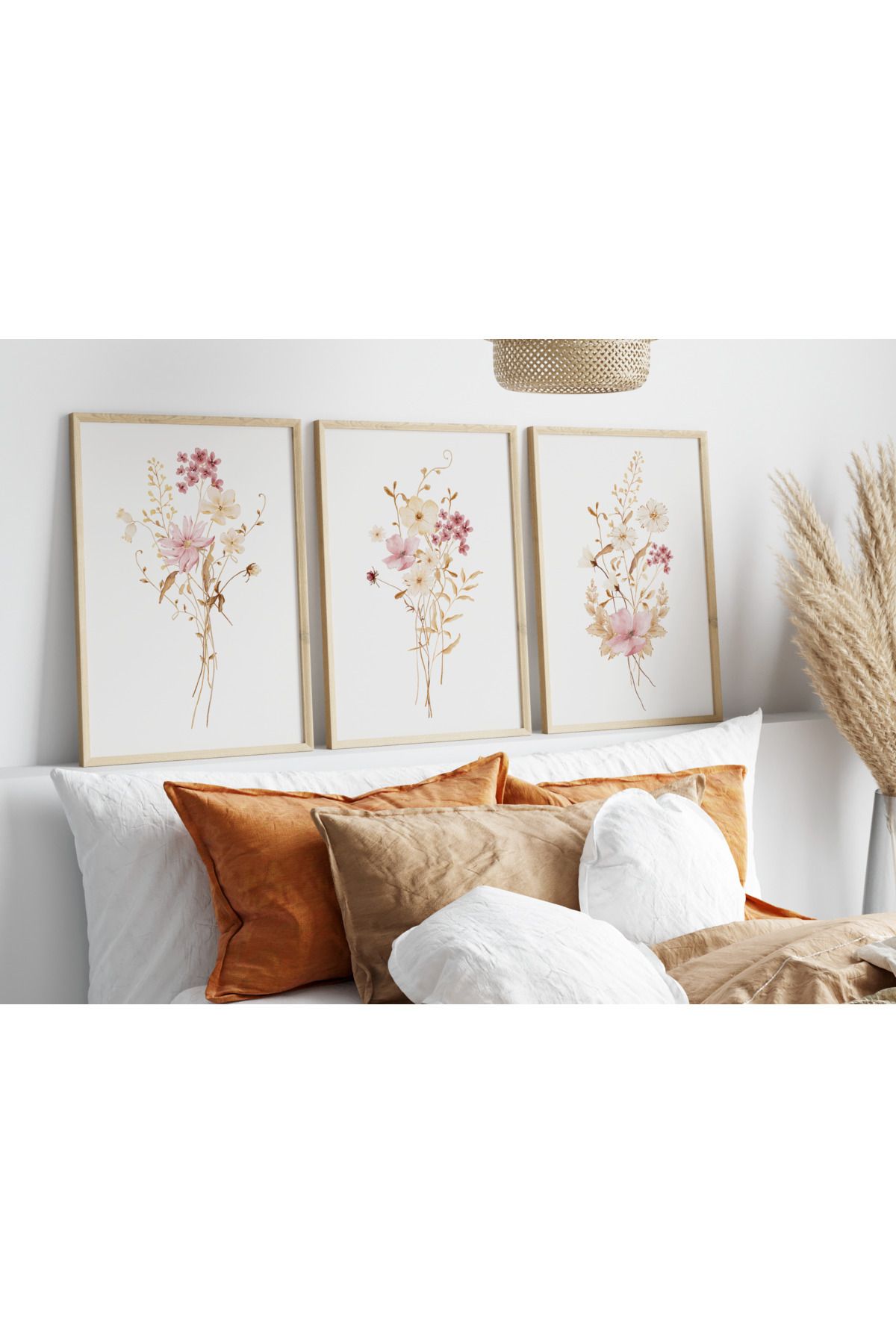 Pi Dekorasyon Çerçeveli Kırçiçekli 3'lü Tablo Seti - Modern Minimal Tablo Seti - Kırçiçekli Tablolar
