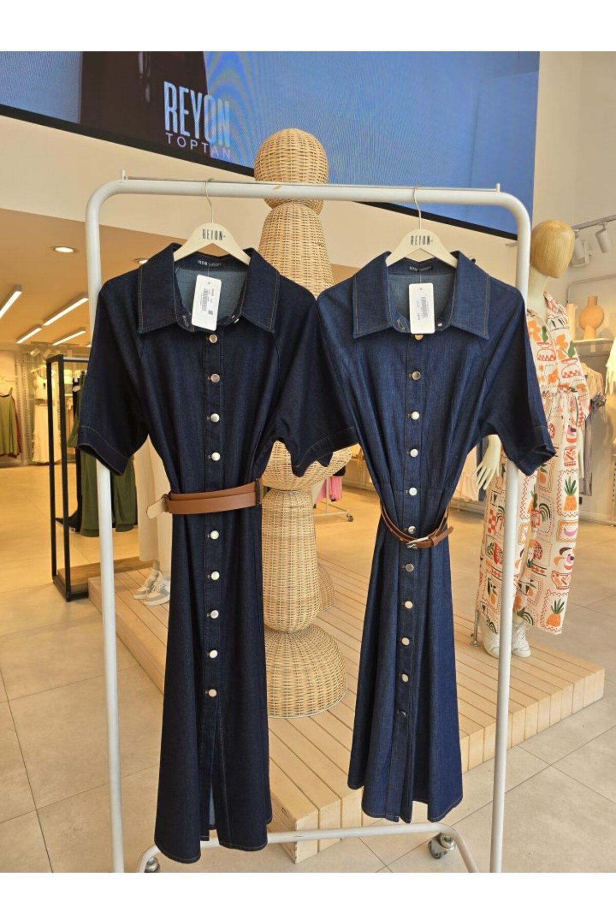 melfxxl eticaret melfxxl Kısa Kol Düğmeli Denim Elbise - Mavi