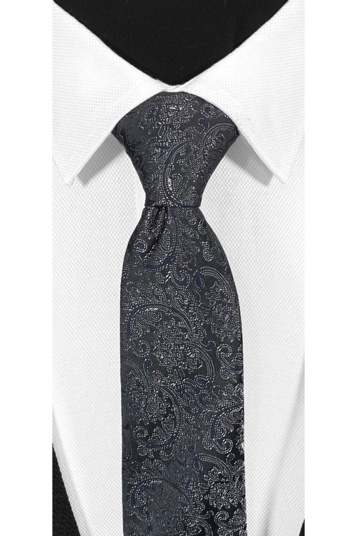 BLC Basic Line Co.-Microfiber Tie and Handkerchief Set with Navy Shawl Pattern on Black Background - 7 cm Modern Cut 3