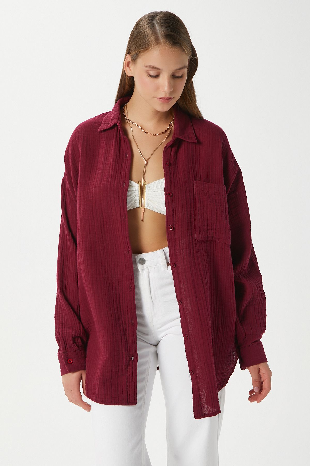 Ritnice Kadın Tilda %100 Pamuk Müslin Oversize Bordo Gömlek