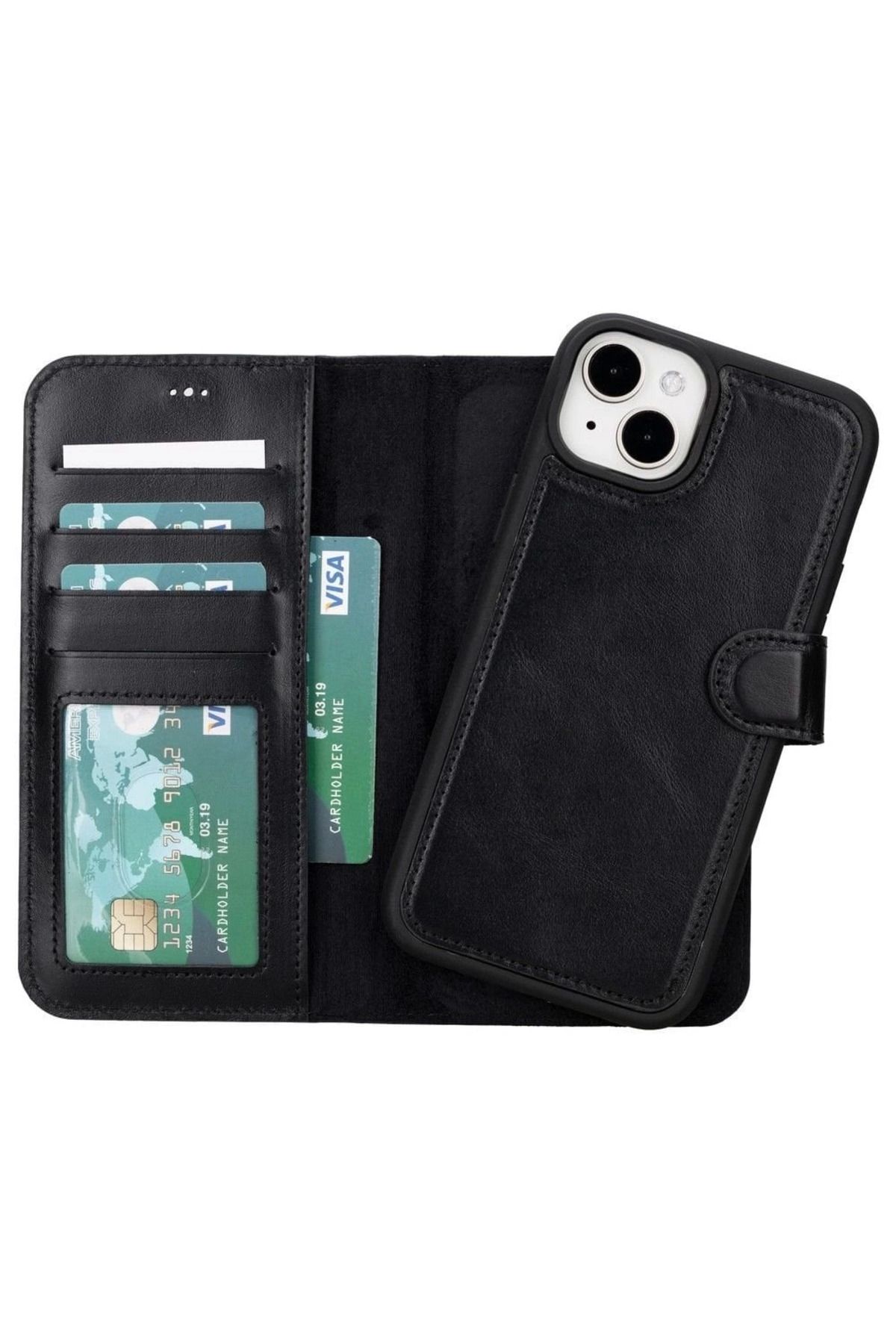 feifei iPhone 15 Plus Uyumlu Deri Cüzdanlı Kılıf MWWN RST1 Siyah