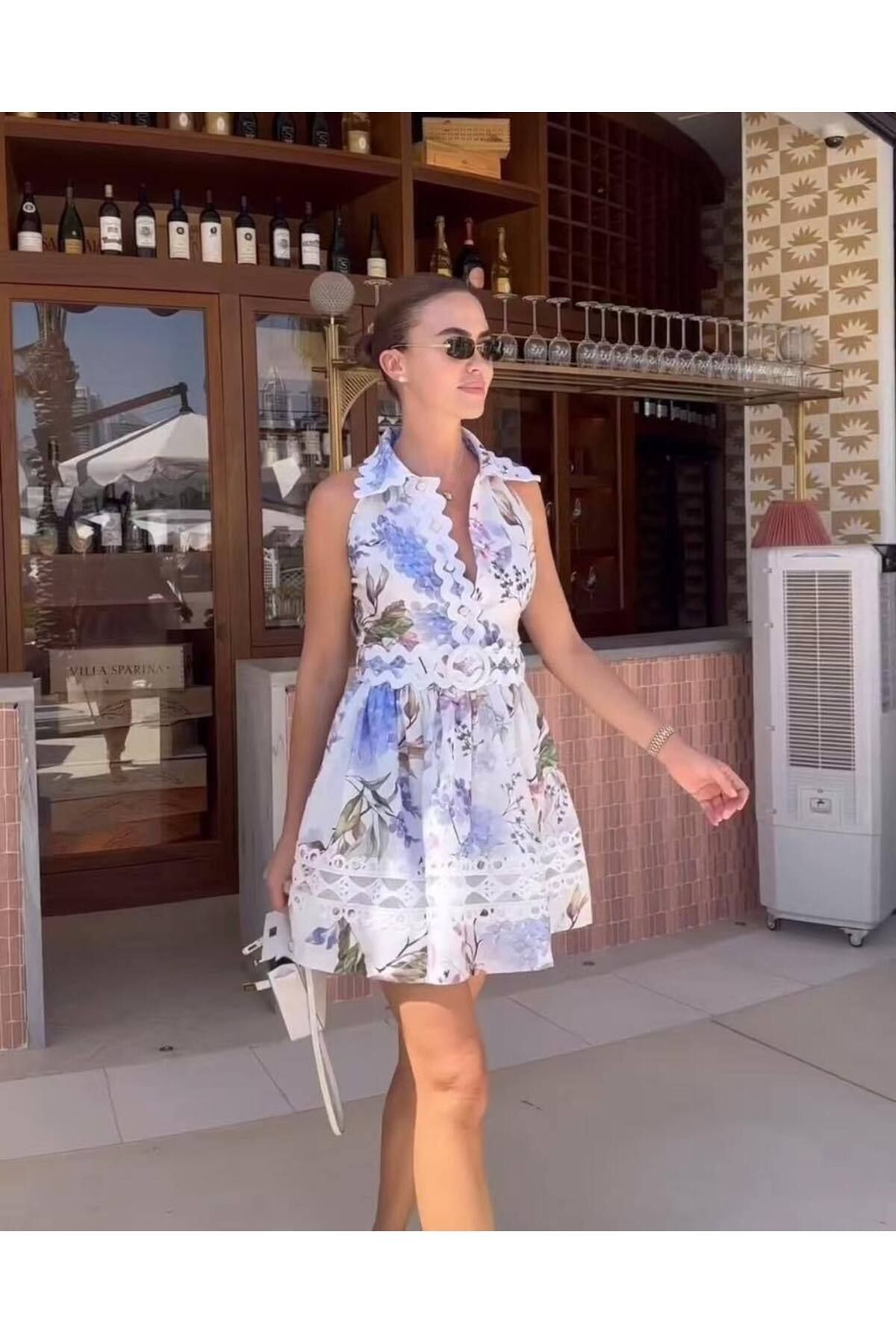 Julidress Desenli Dantel Detaylı KEMERLİ Mini Kısa Boy Premium Keten Elbise