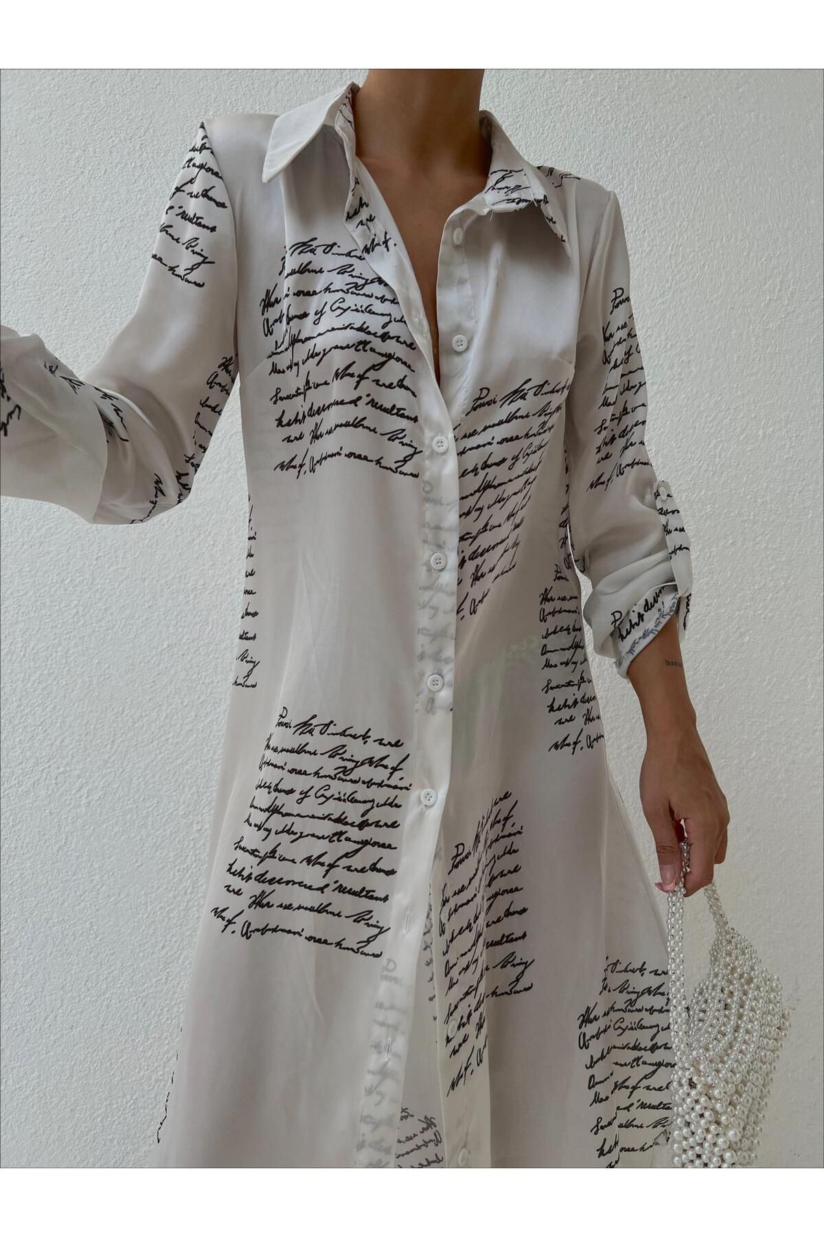 mass fashion Kadın Saten Yazı Desenli Gömlek Elbise