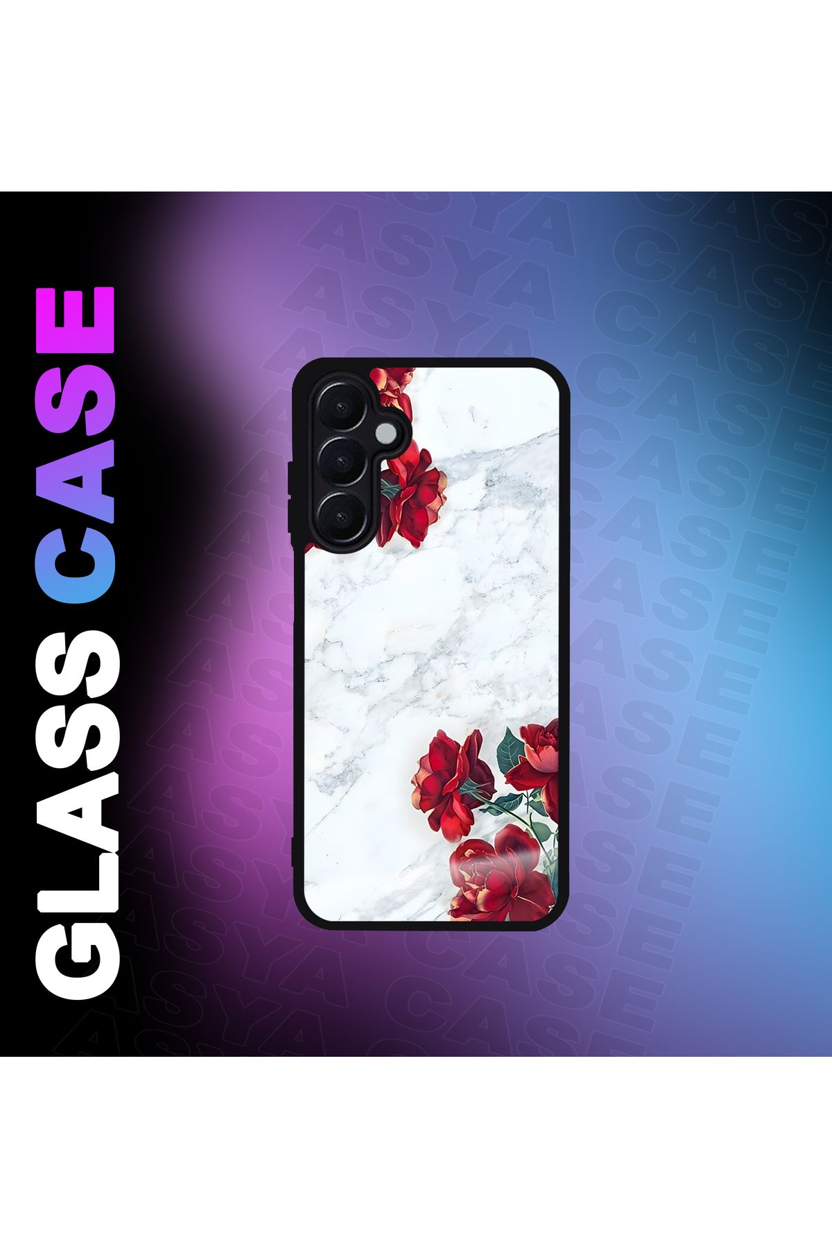 Asya Case Samsung Galaxy A55 5G Kılıf Mermer Gül Baskılı Telefon Kapağı Siyah Silikon Arka Kapak Koruyucu
