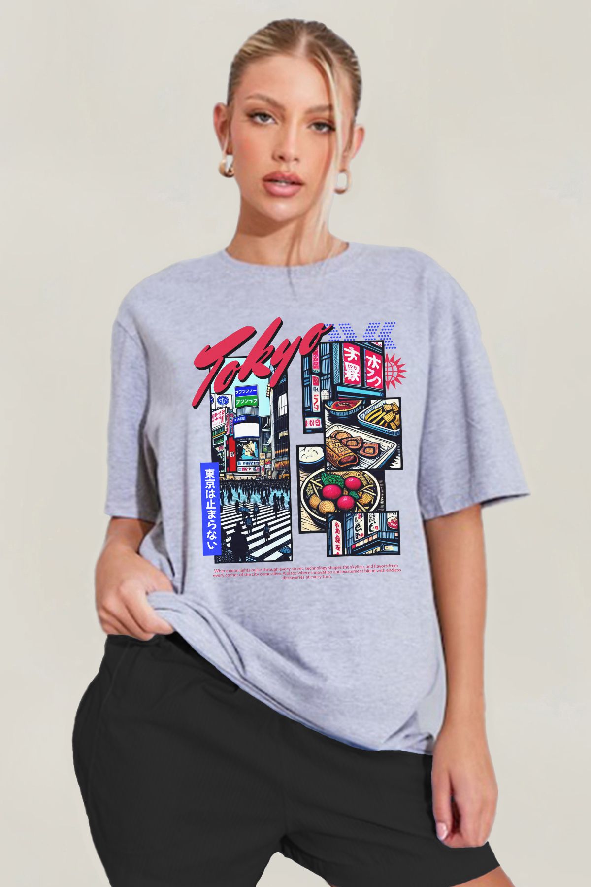 MODA Tokyo Japan Japonya Baskılı Oversize Kalıp Grimelanj Geniş Bol Kesim Kadın Tişört