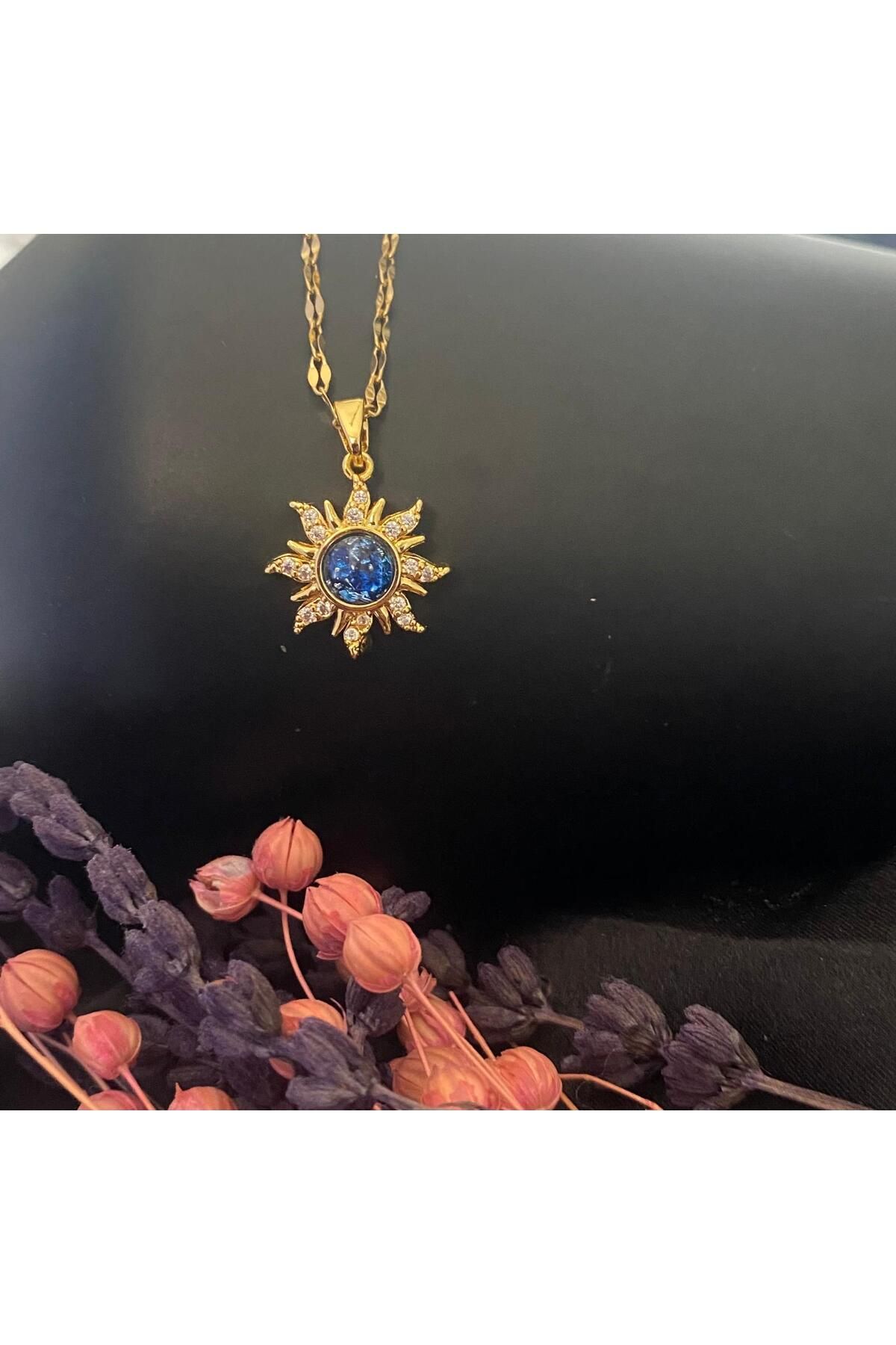 KANERUZ Gold Renk Zirkon Taşlı Mavi Güneş Kolye