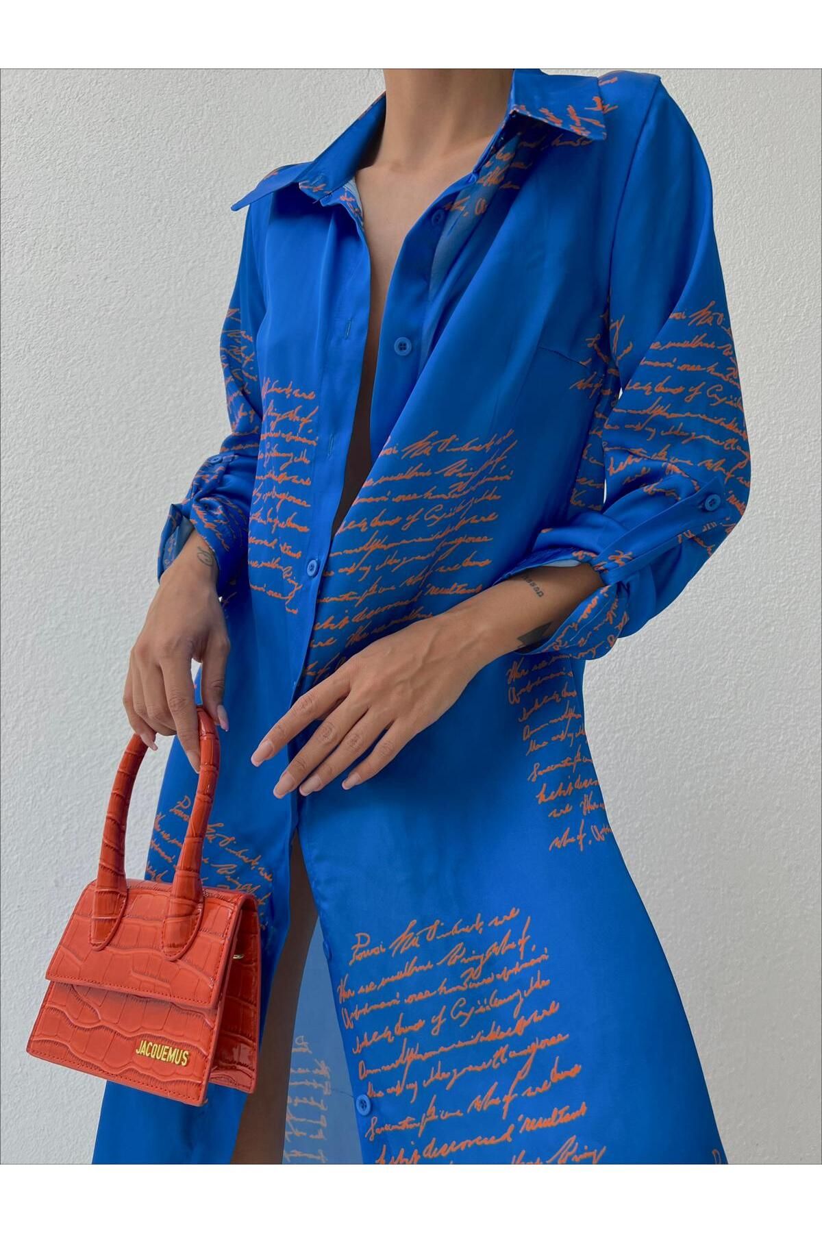 mass fashion Kadın Saten Yazı Desenli Gömlek Elbise