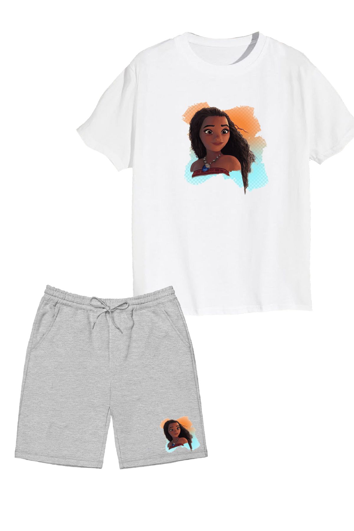 makiteks 2'li Set Baskılı Kız Çocuk Pamuk Şort Tshirt Takım Moana 5 6 7 8 9 10 11 12 13 14 yaş Tişört
