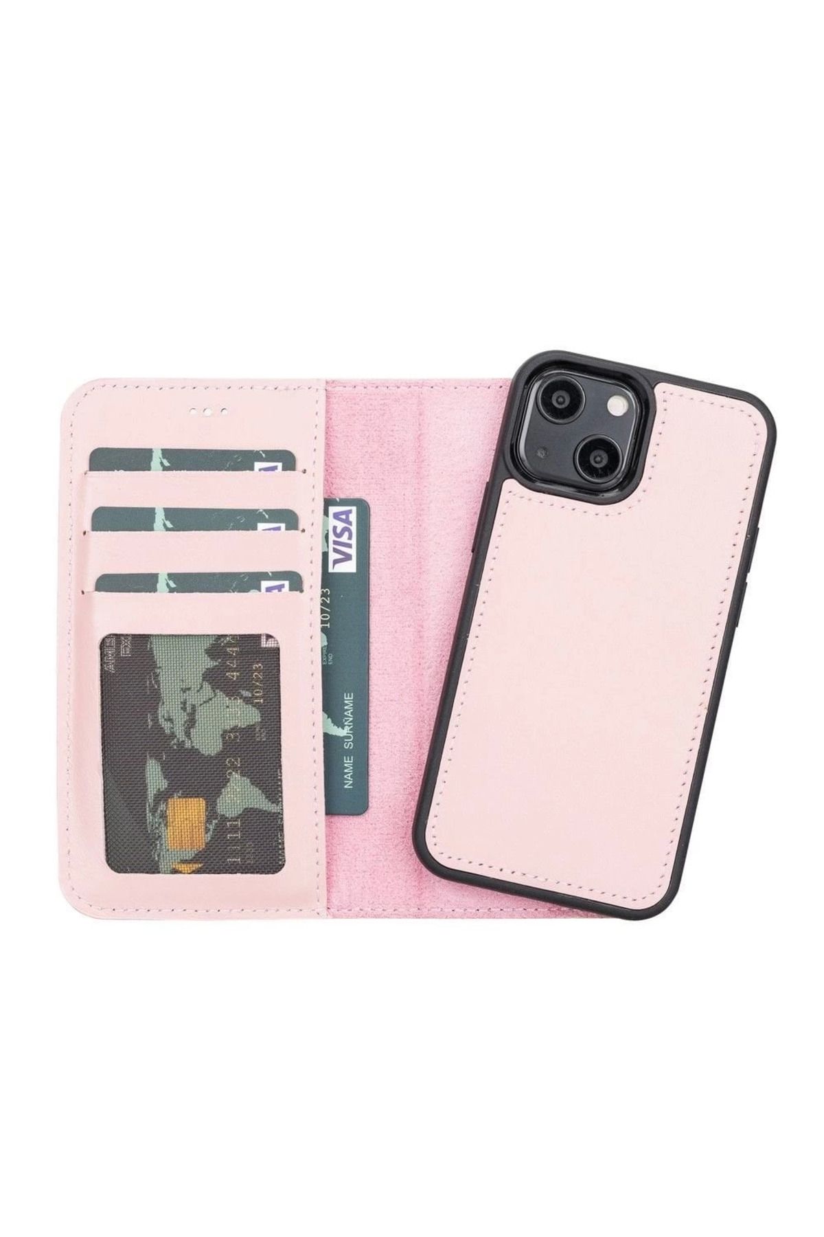 Angoravi Apple iPhone 13 Mini Uyumlu Deri Cüzdanlı Kılıf NU2 Pembe