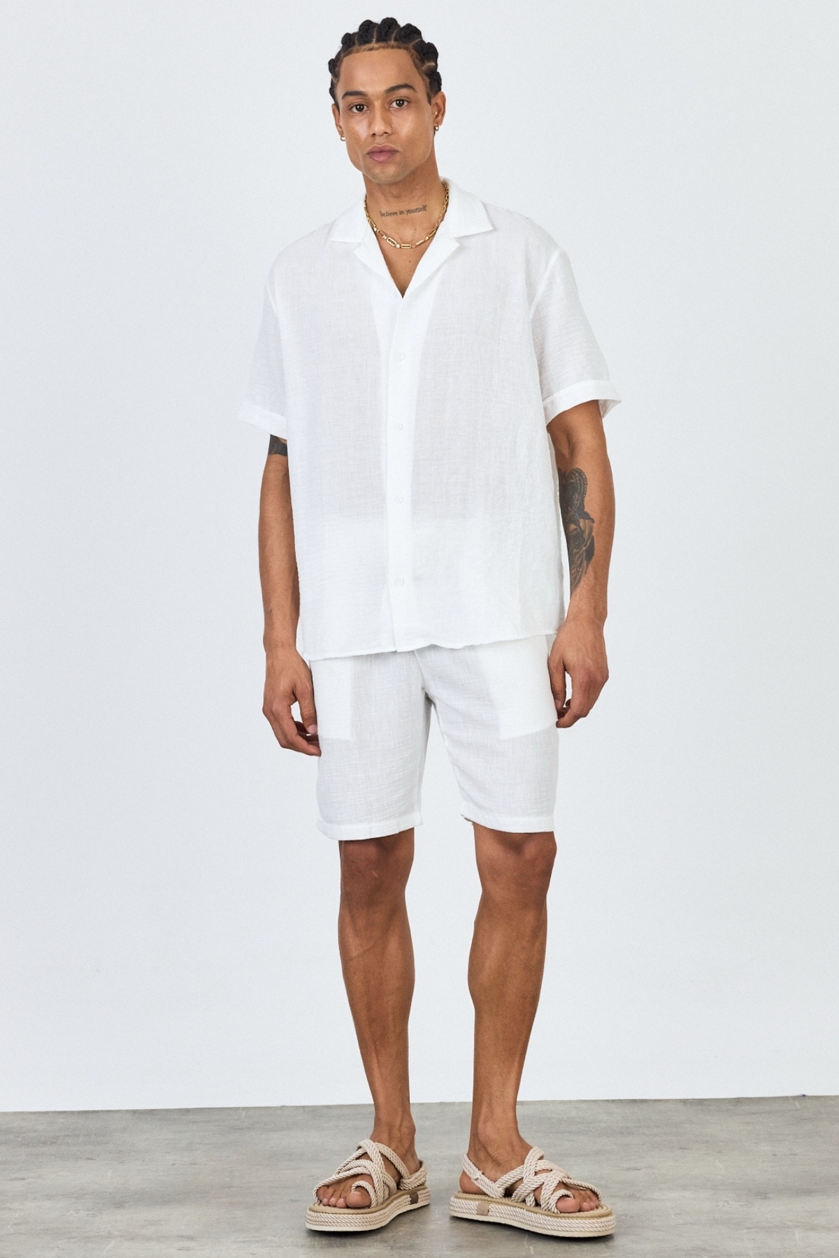 MADZEYMODA-Premium Men's Woven Shirt & Shorts White Bottom Top Set Ls-5605 7
