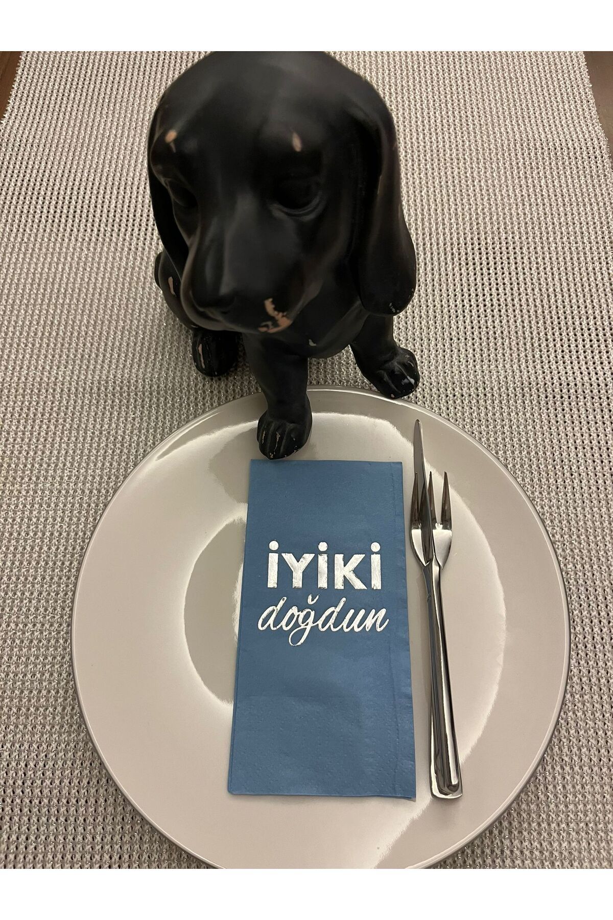 kidspartim Gümüş Yaldızlı Mavi İyi Ki Doğdun Baskılı Garson Katlama Peçete 16 Adet