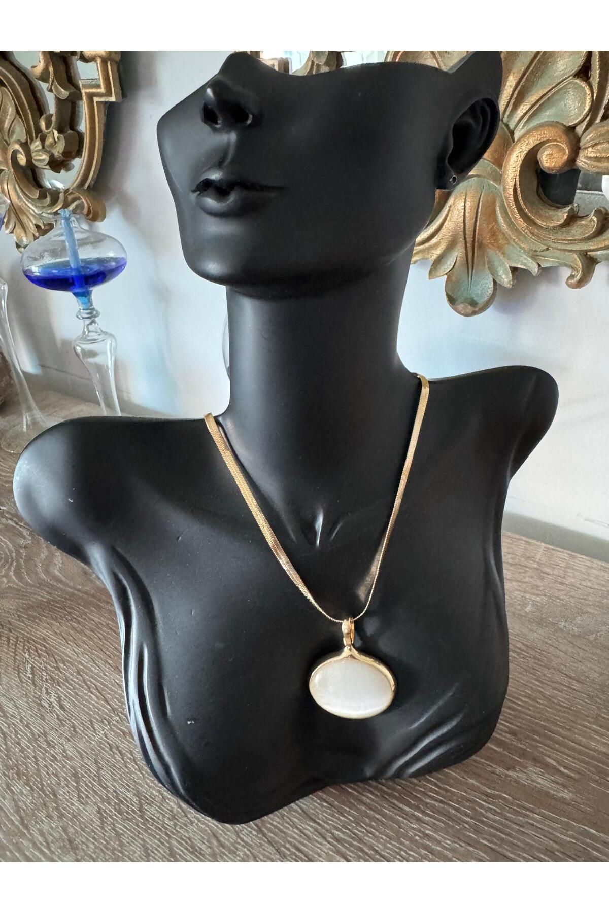 misstakıjewerly ÇELİK GOLD RENK OVAL TAŞLI KOLYE