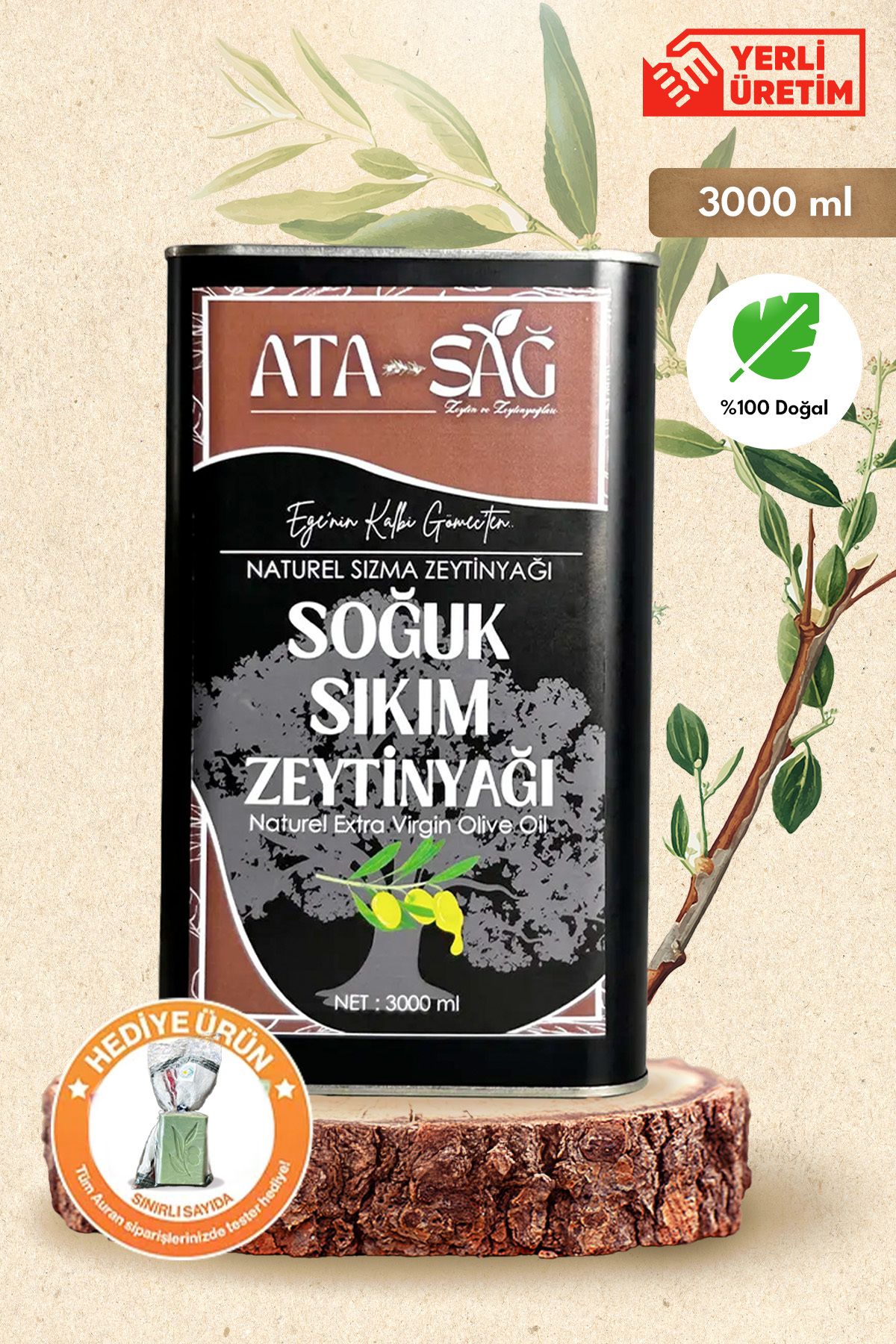 ATA SAĞ ZEYTİN VE ZEYTİNYAĞLARI Natural Sızma Soğuk Sıkım Zeytinyağı 3L