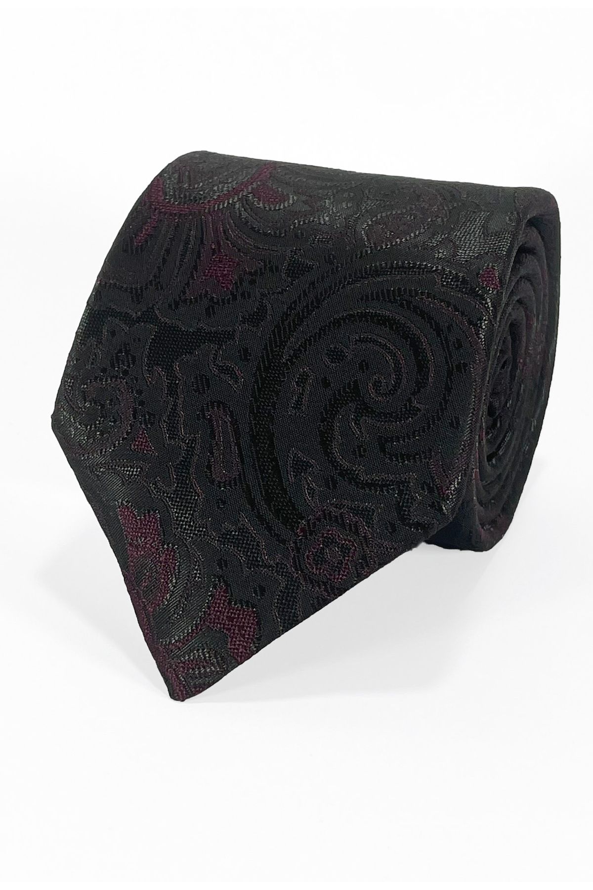 BLC Basic Line Co. Siyah Zemin Üzerine Mürdüm Detaylı Şal Desenli Mikrofiber Kravat - 7 cm Modern Kesim