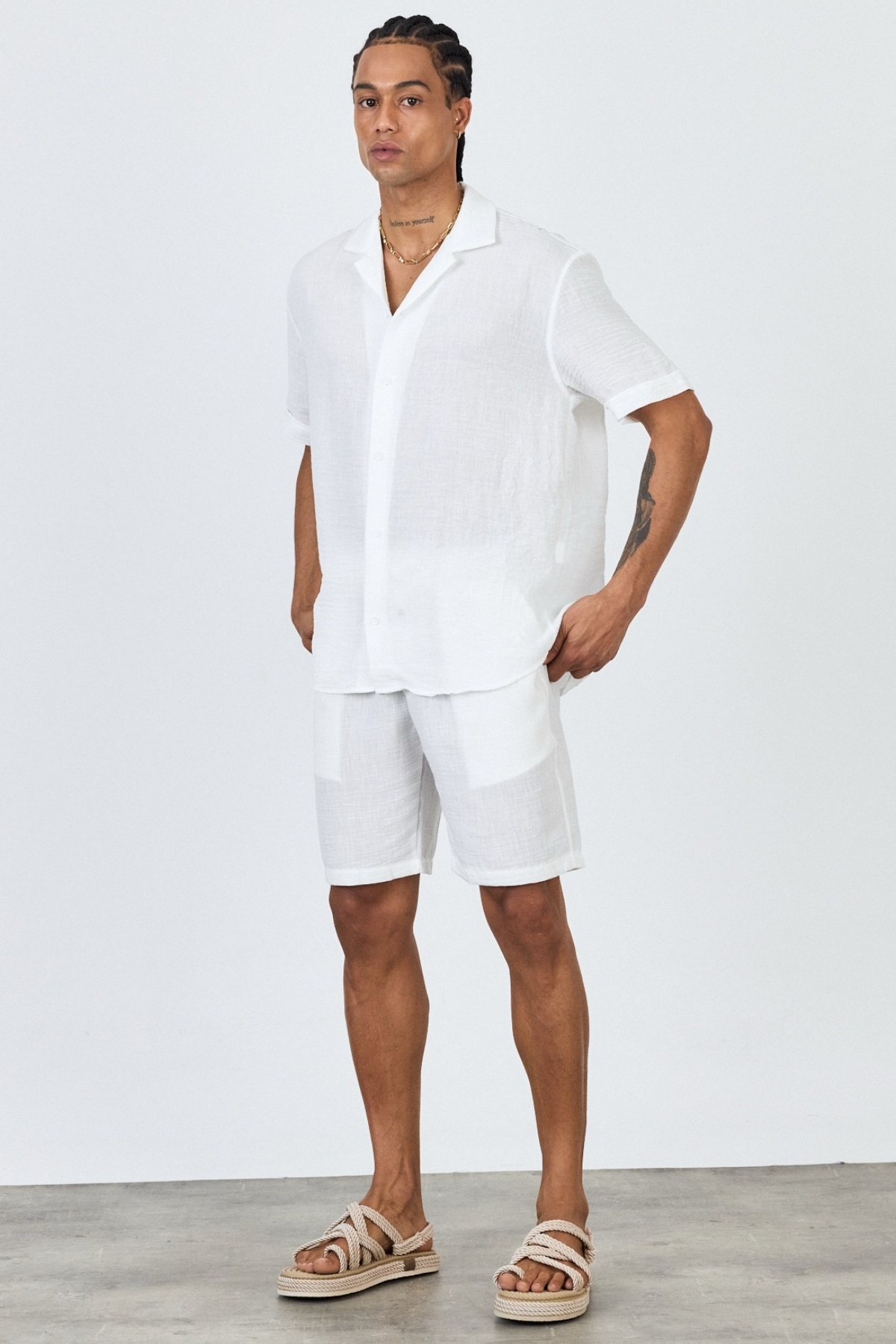 MADZEYMODA-Premium Men's Woven Shirt & Shorts White Bottom Top Set Ls-5605 3
